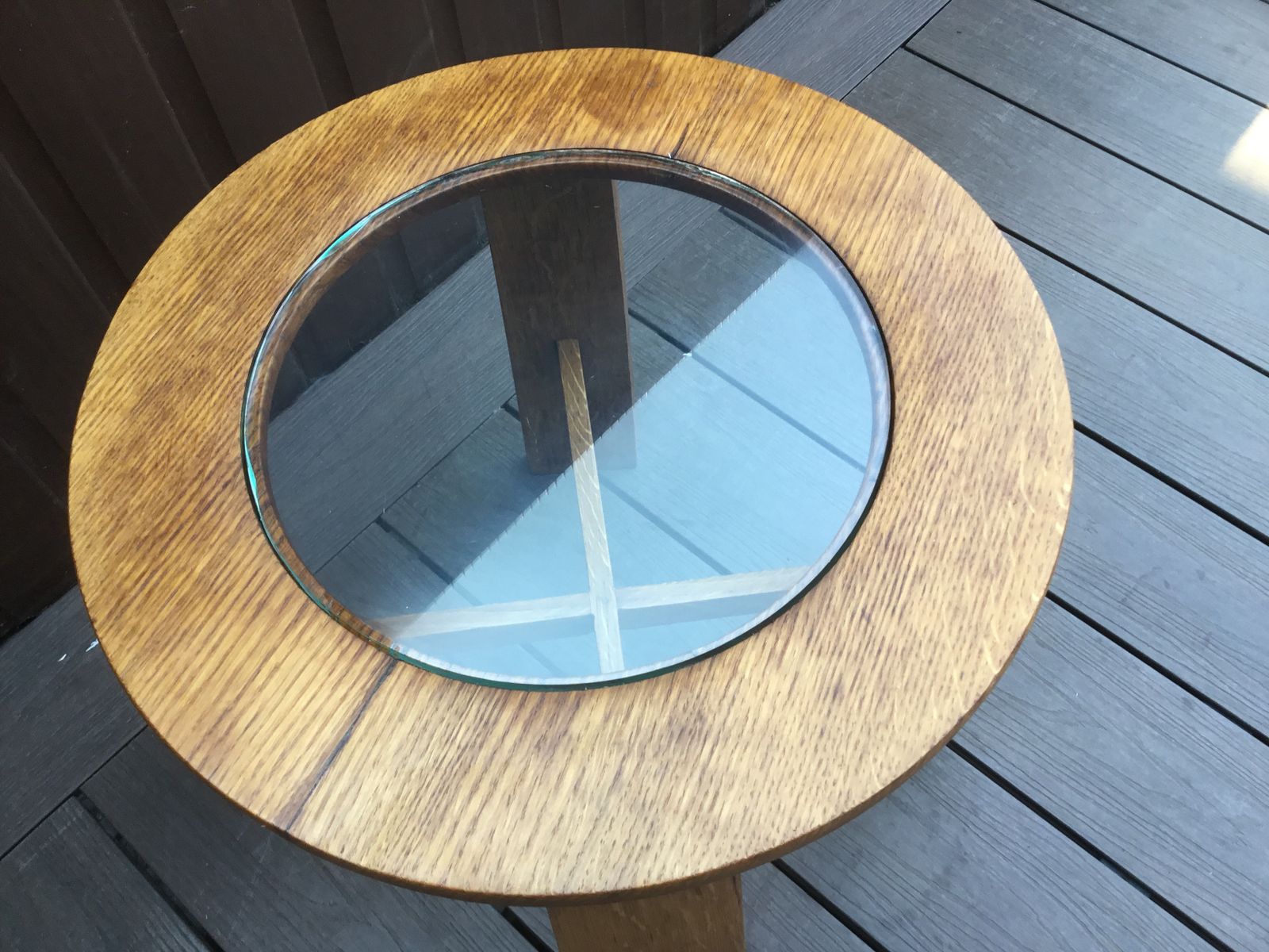 Side Table Solid Oak Pre Victorian. Unique. Hand Cut Glass Inlay photo vinterior