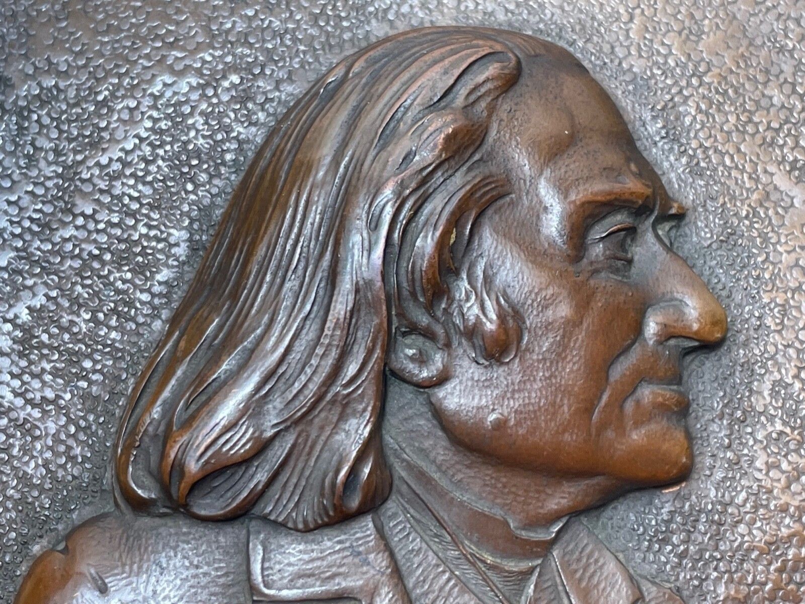 Antiek bronzen sculptuur Franz Liszt "Music Pianist Composer" wandplaquette, gesigneerd photo vintage