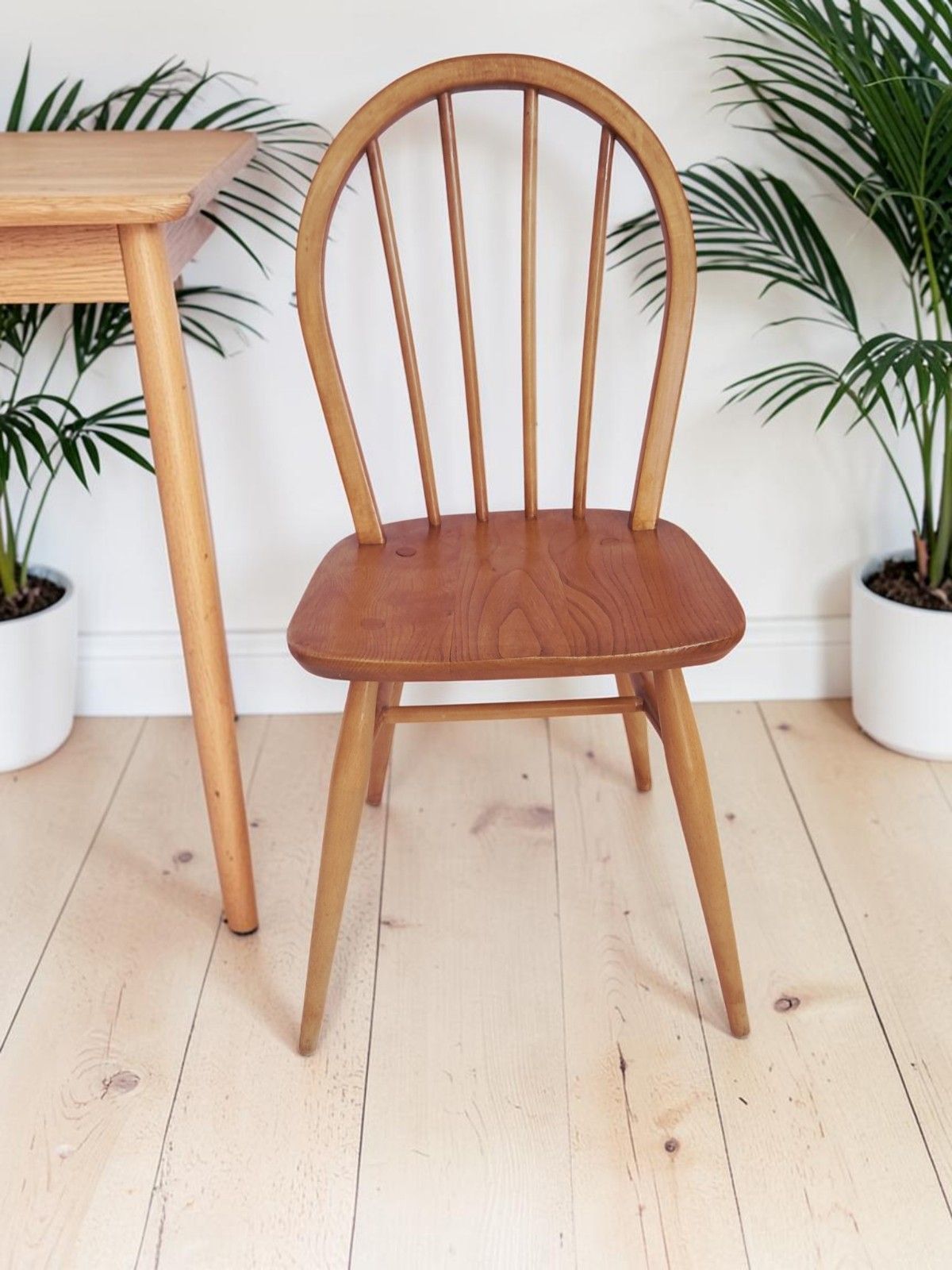 Mid Century Ercol Windsor Dining Chairs Pair Hoop Back Light Elm Chairs 1960 photo vinterior