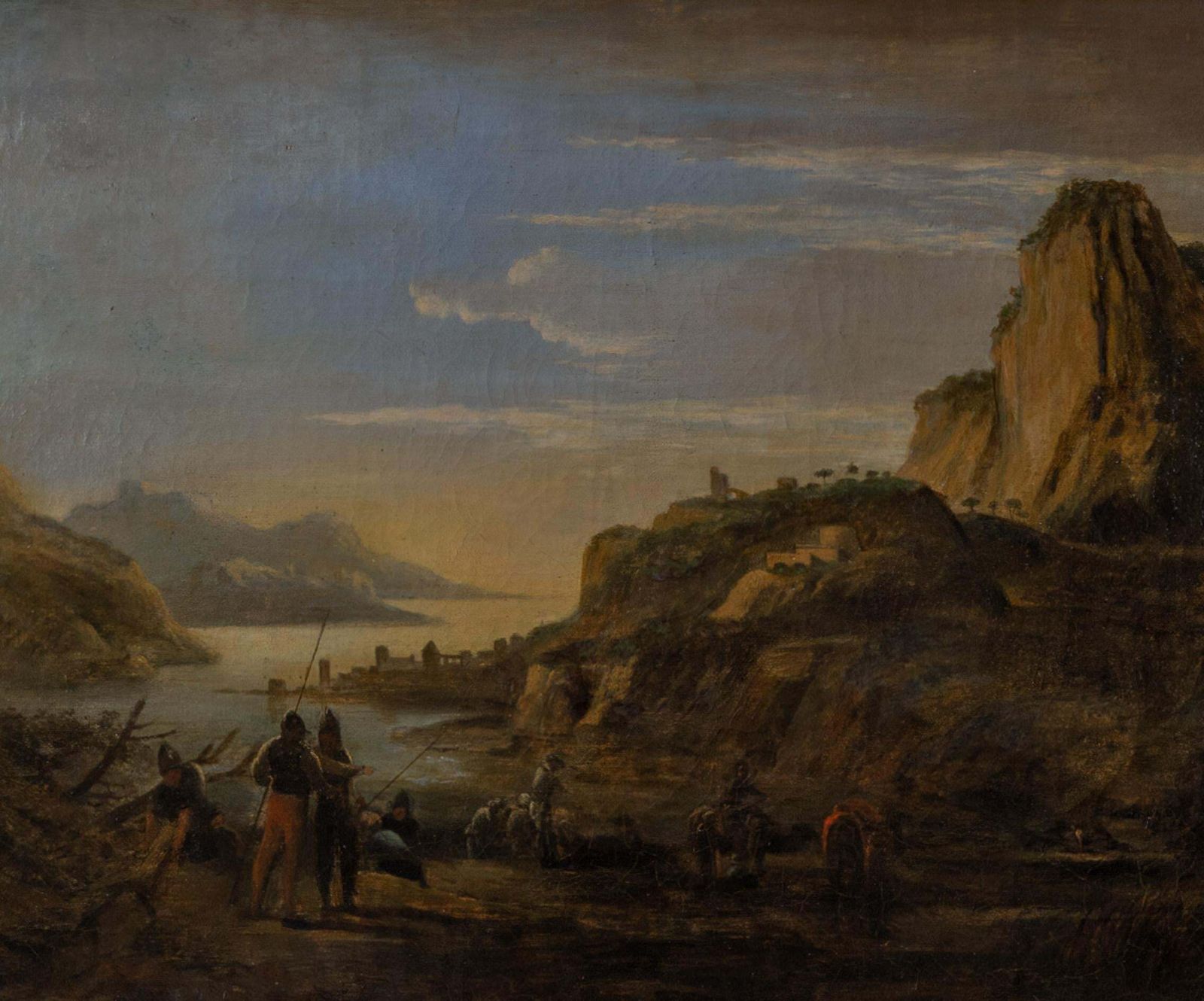 Salvator Rosa (attribué à), huile sur toile, XVIIe siècle - Soldats et voyageurs au repos photo for sale