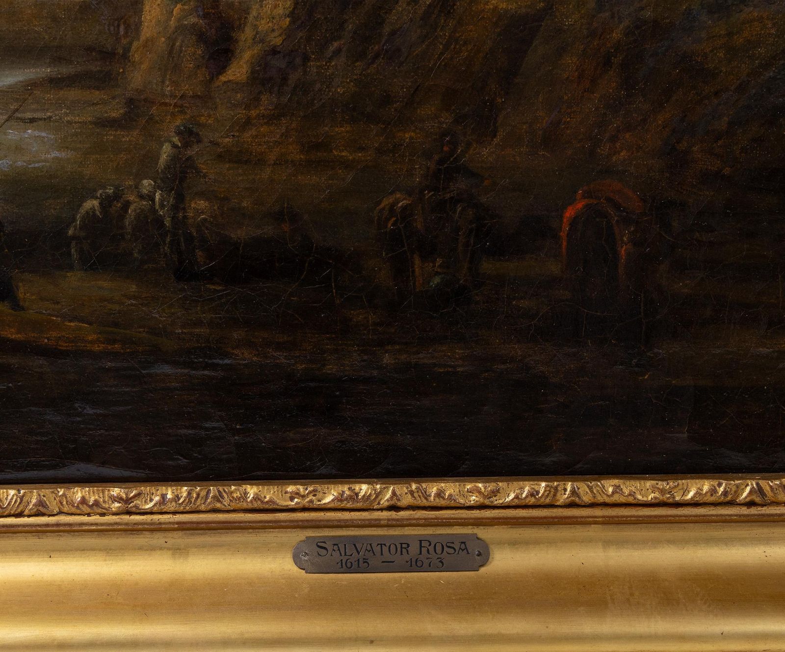 Salvator Rosa (attribué à), huile sur toile, XVIIe siècle - Soldats et voyageurs au repos photo vintage