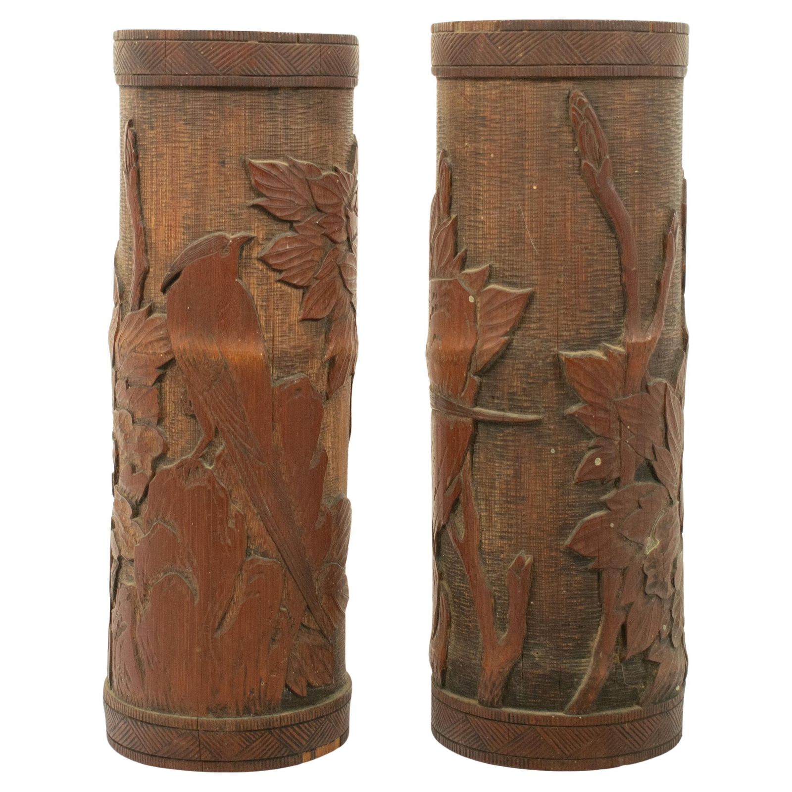Paire de pots à pinceaux chinois en bambou