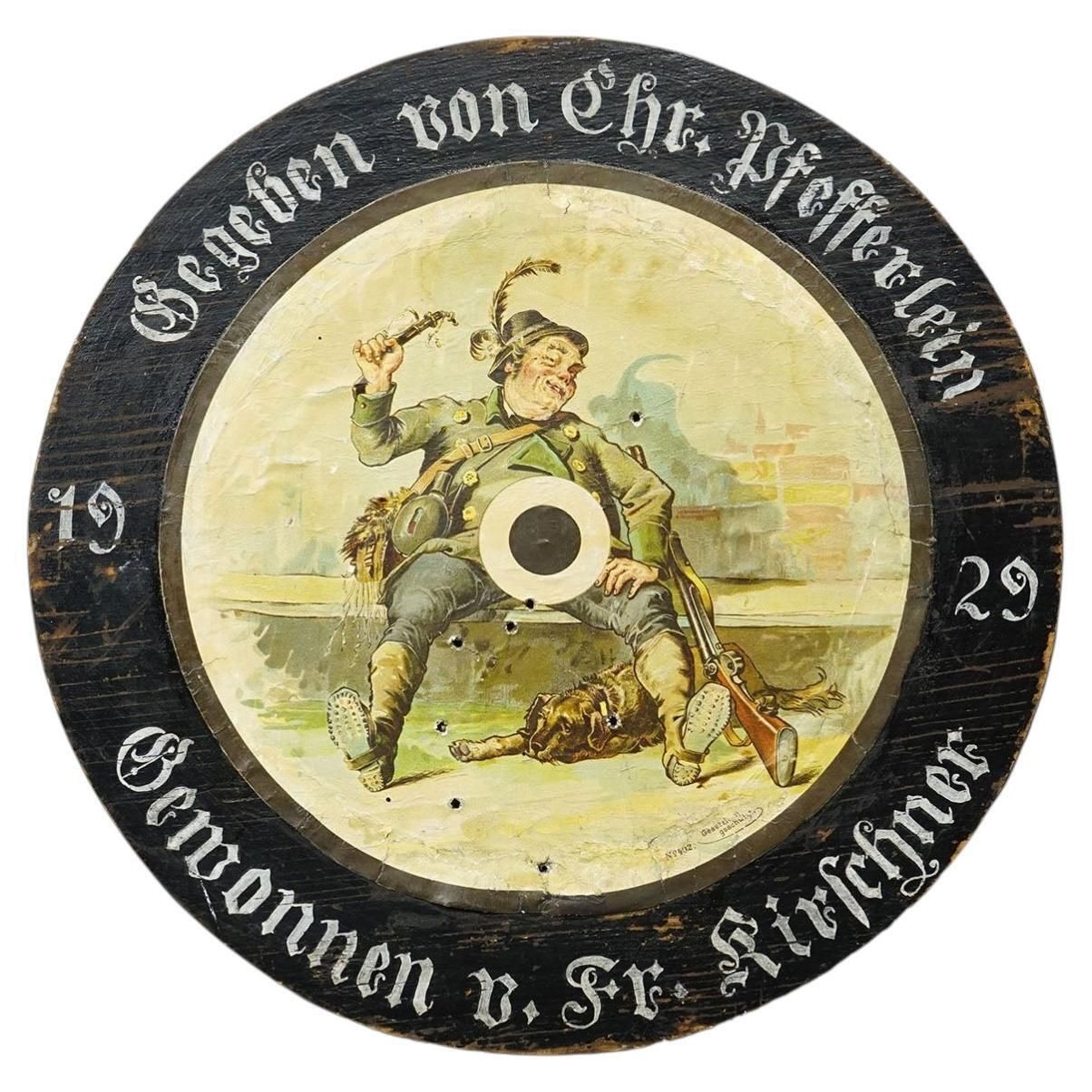 Antiek Duits schietschijf met humoristisch jagersmotief, Duitsland 1929