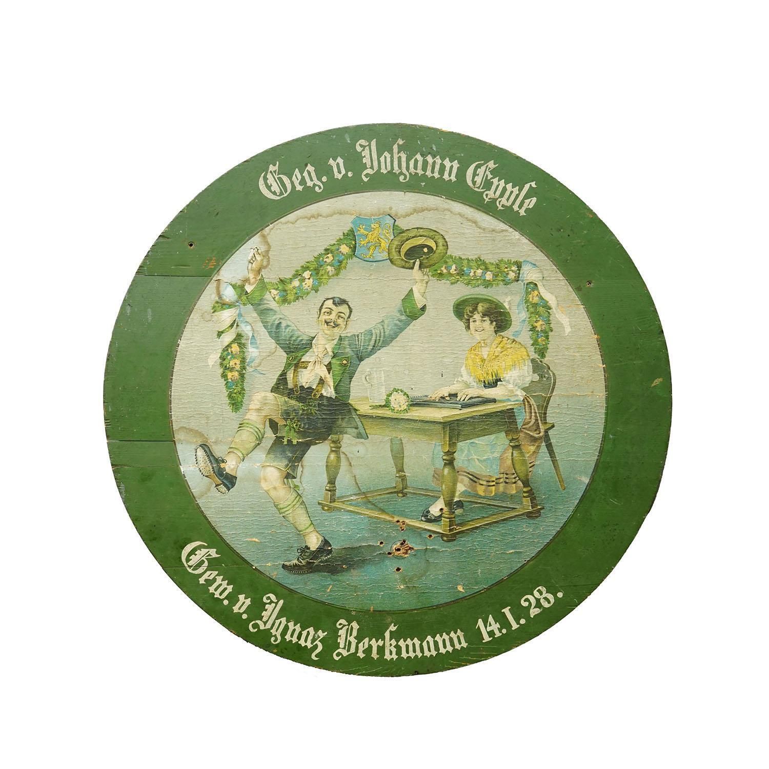 Antique German Shooting Target With Festive Couple Scene, Germany 1928 photo furniture