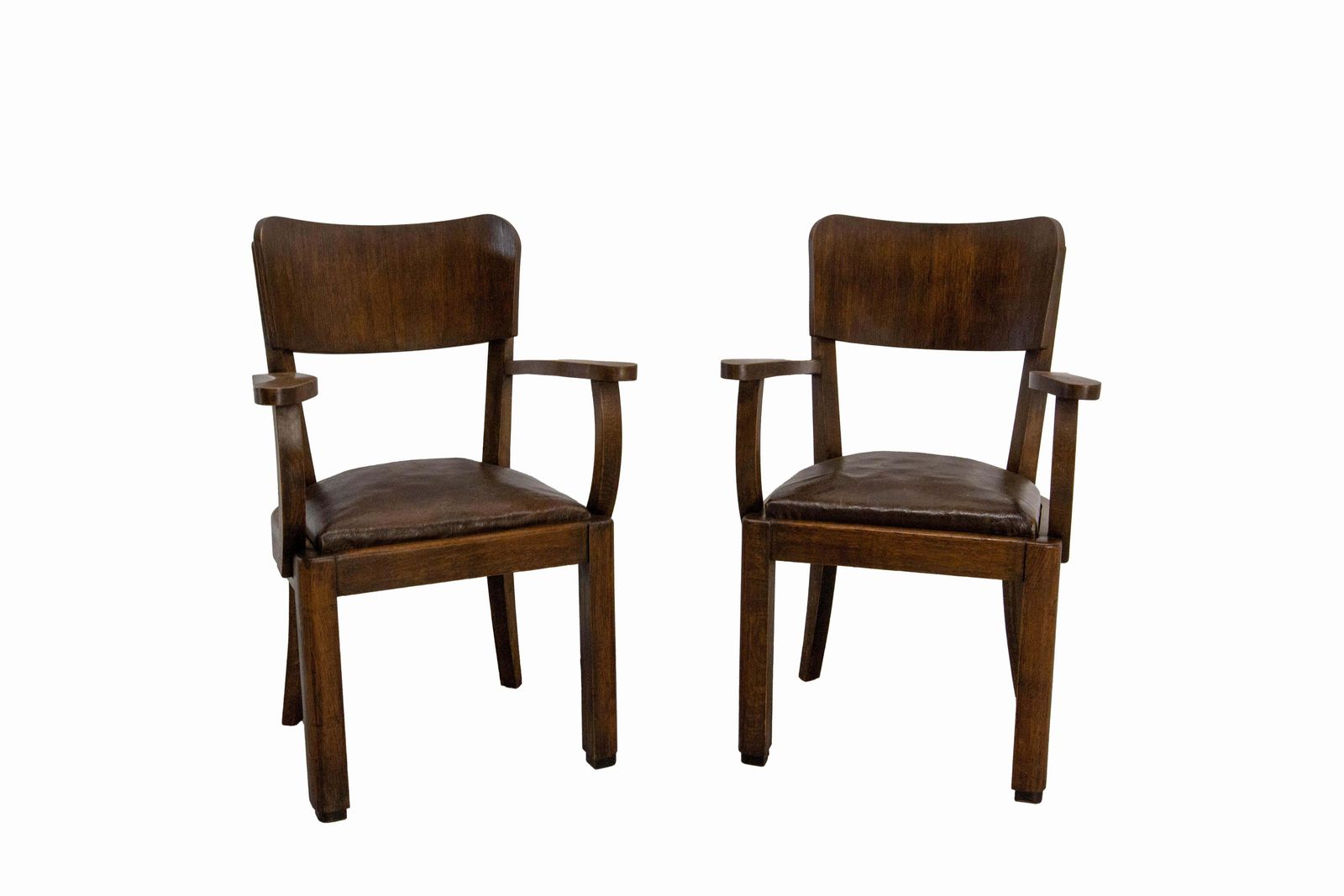 Antique Pair Beech Armchair Leather & Wood French, Circa 1940 photo furniture