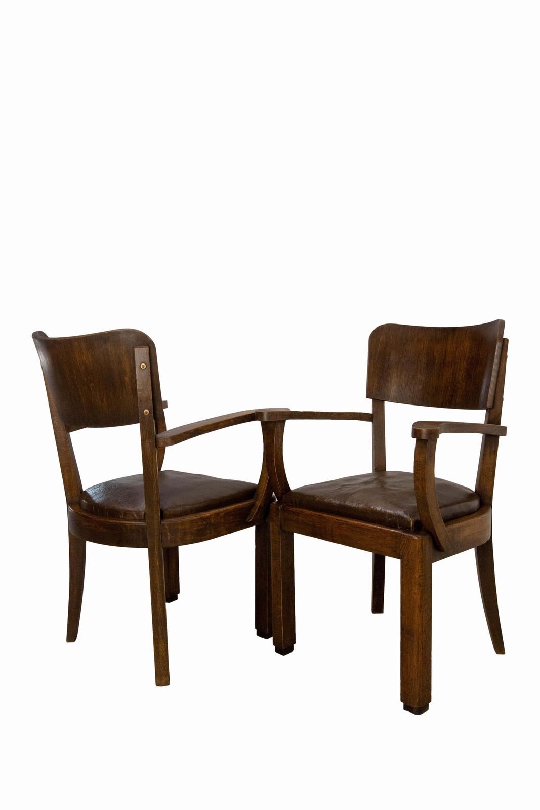 photo furniture Antique Pair Beech Armchair Leather & Wood French, Circa 1940
