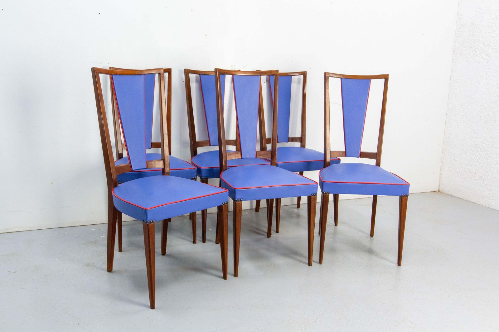 Six Blue Red Border Dining Chairs Teck And Skai Midcentury French, Circa 1960 photo for sale