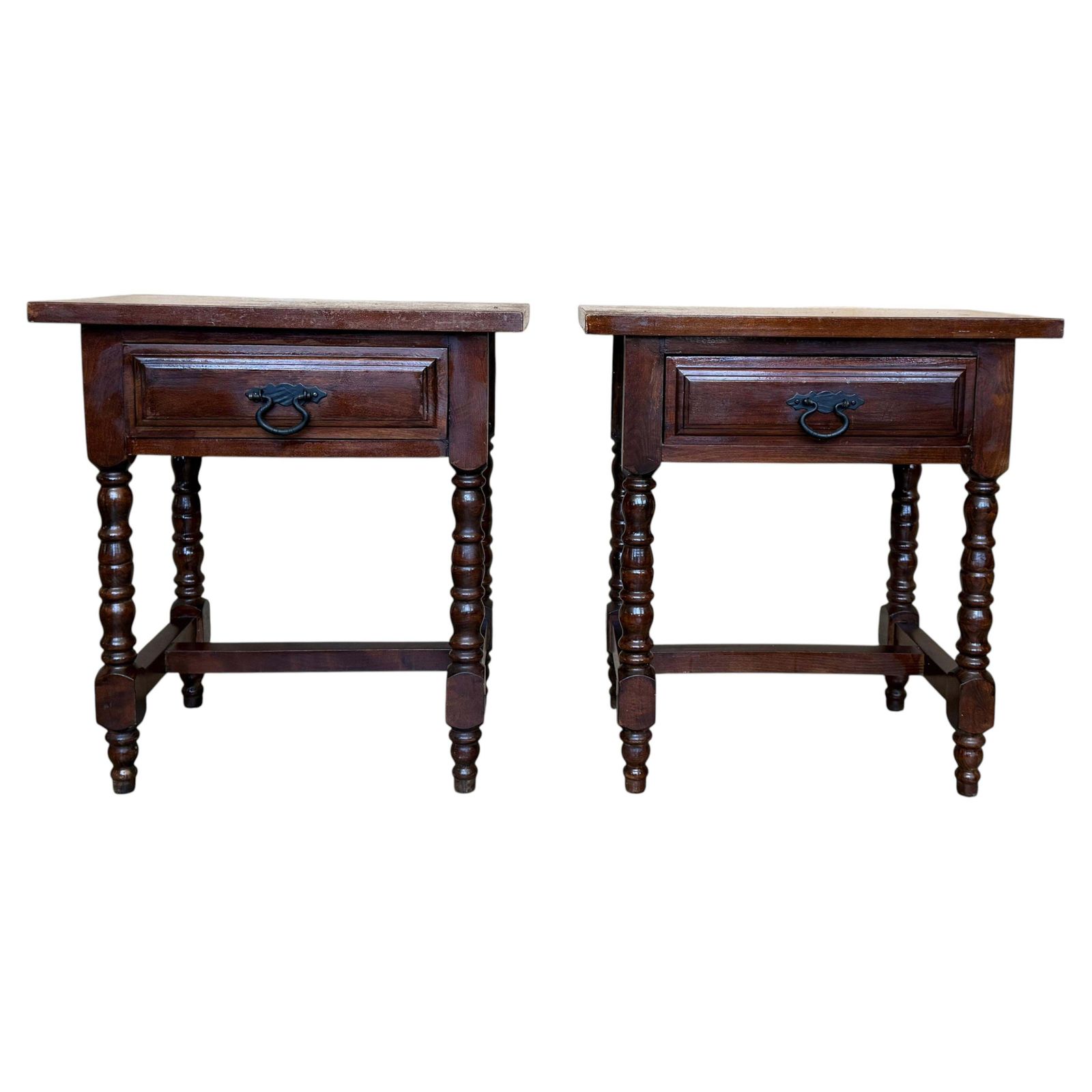 Pair Of Spanish Solid Wood Nightstands With Turned Legs And Single Drawer