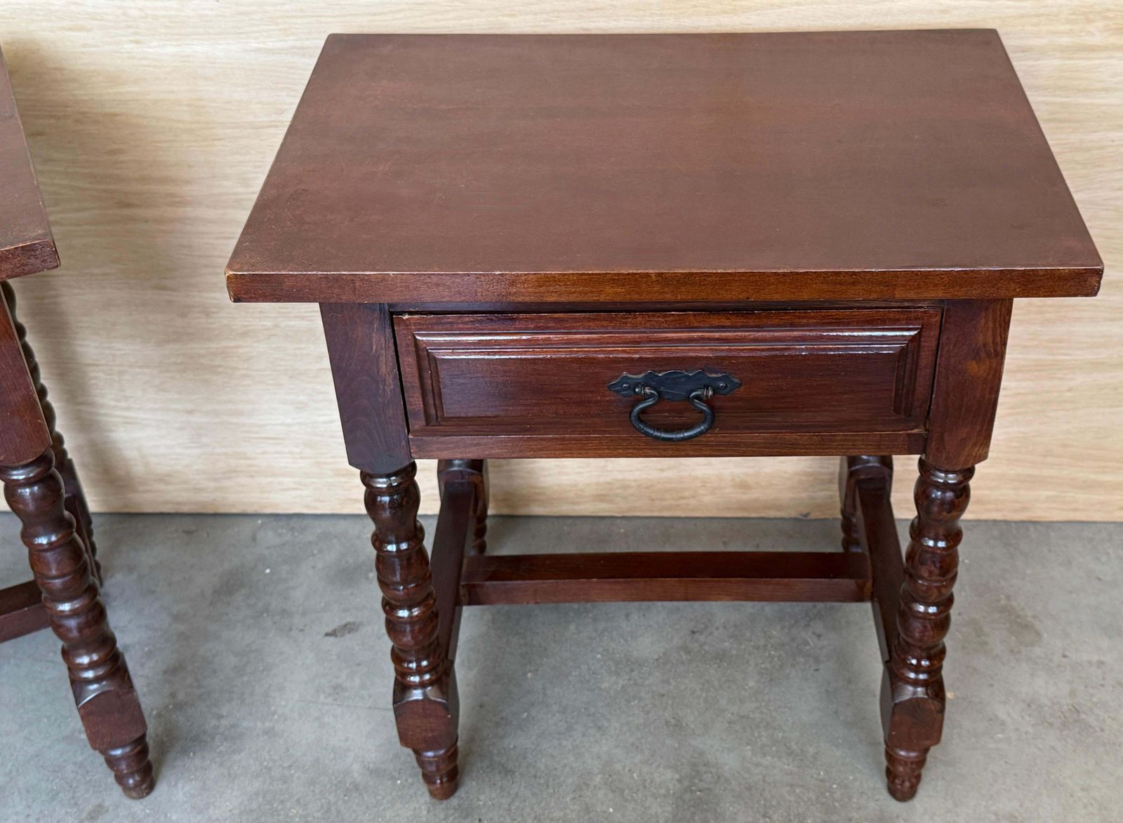 photo furniture Pair Of Spanish Solid Wood Nightstands With Turned Legs And Single Drawer