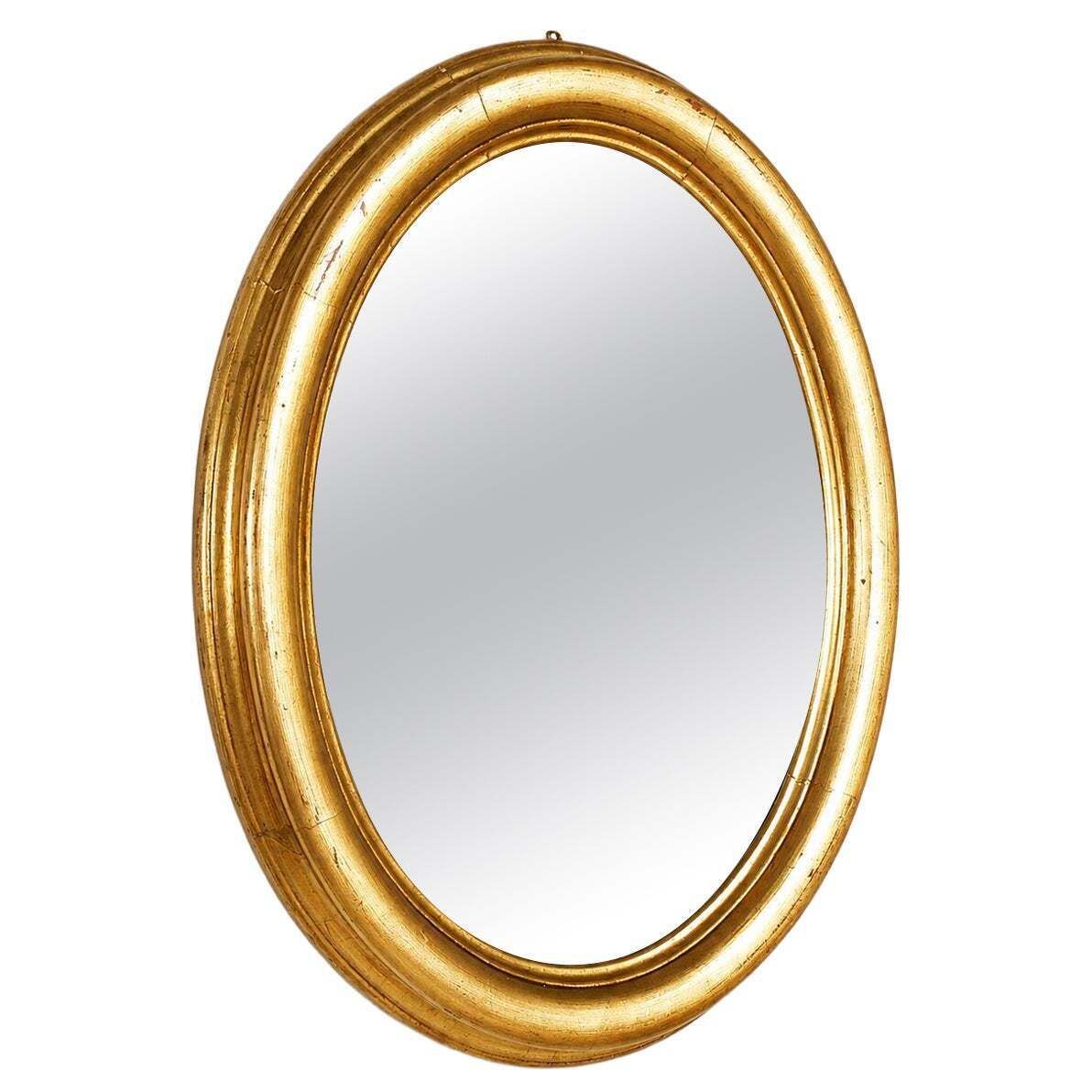 19th Century Italian Oval Giltwood Mirror With Gold Leaf Finish