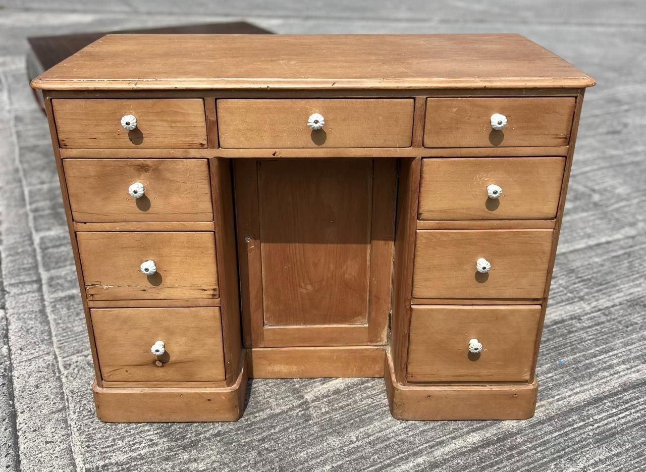 Antique Victorian Pine Kneehole Writing Office Desk With Central Cupboard