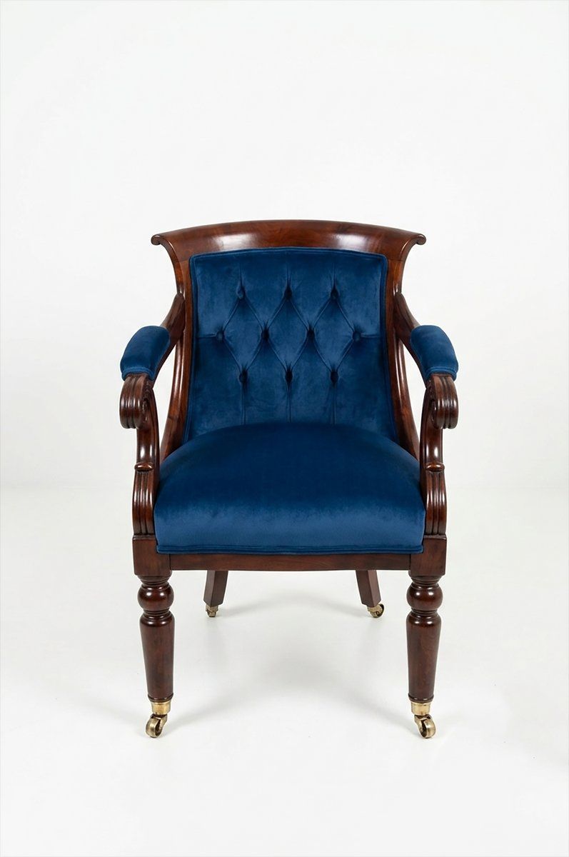 Biedermeier Armchair With Blue Velvet Upholstery