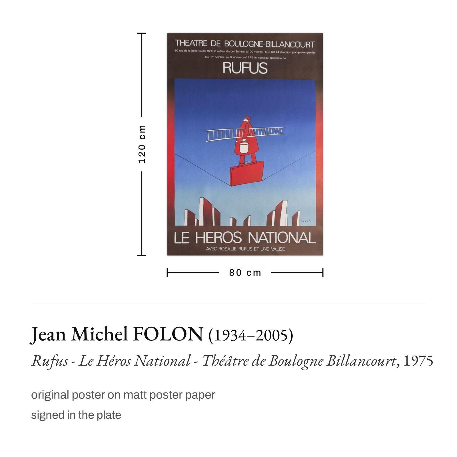 Jean Michel Folon Poster Rufus Le Héros National Théâtre De Boulogne Billancourt 1975 photo furniture