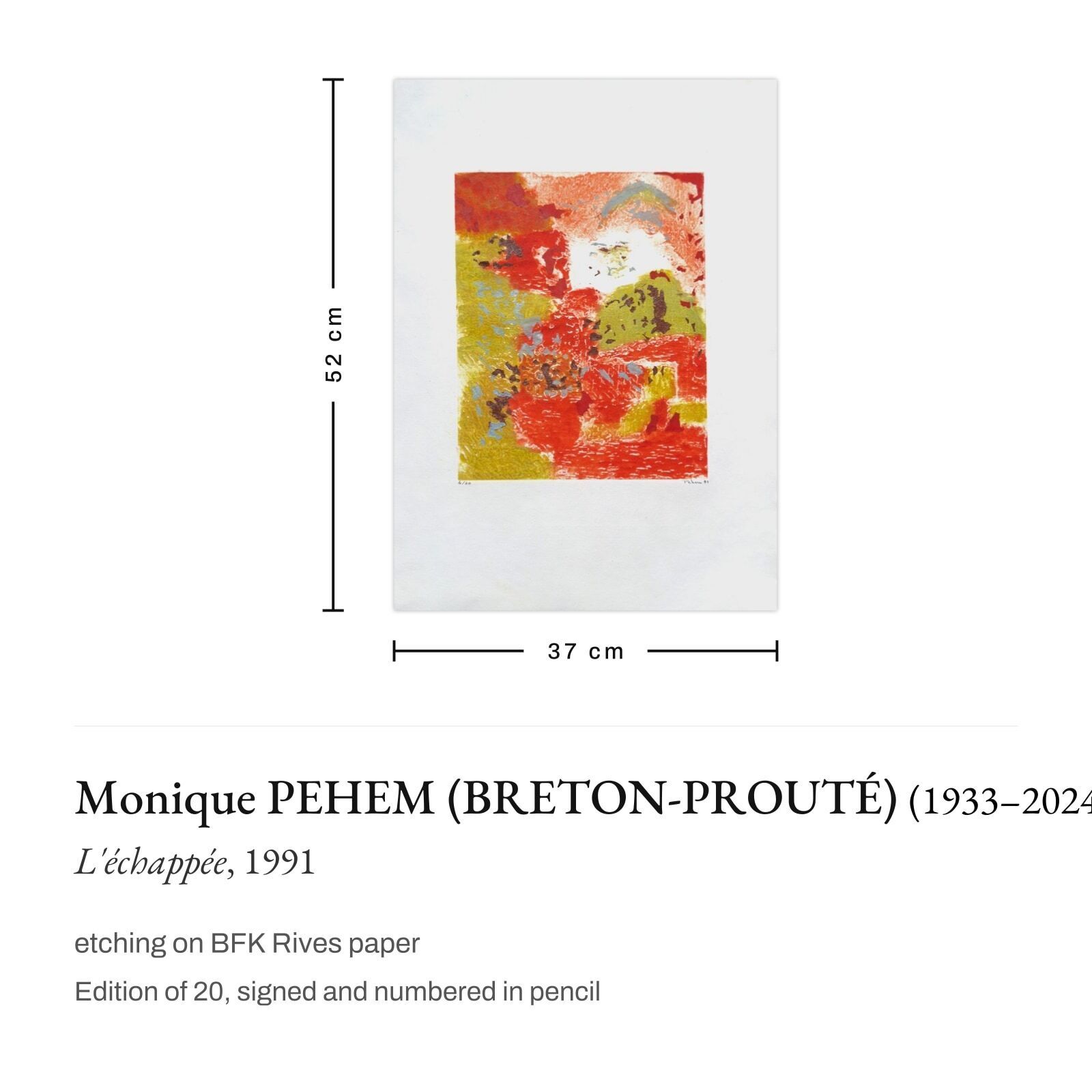 Monique Pehem (Breton Prouté) Gesigneerde ets L'échappée 1991 photo furniture
