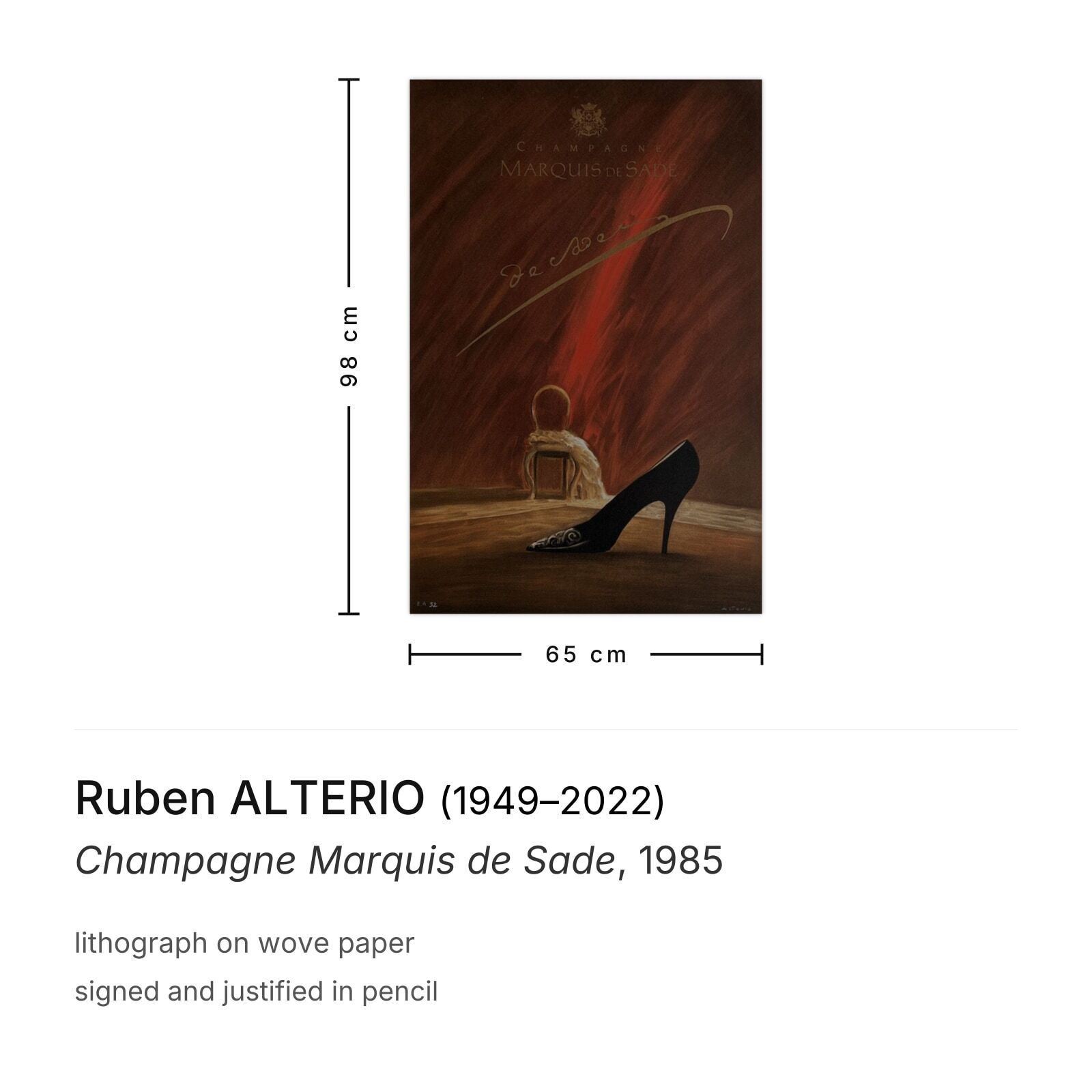 Ruben Alterio Signed Lithograph Champagne Marquis De Sade 1985 photo furniture