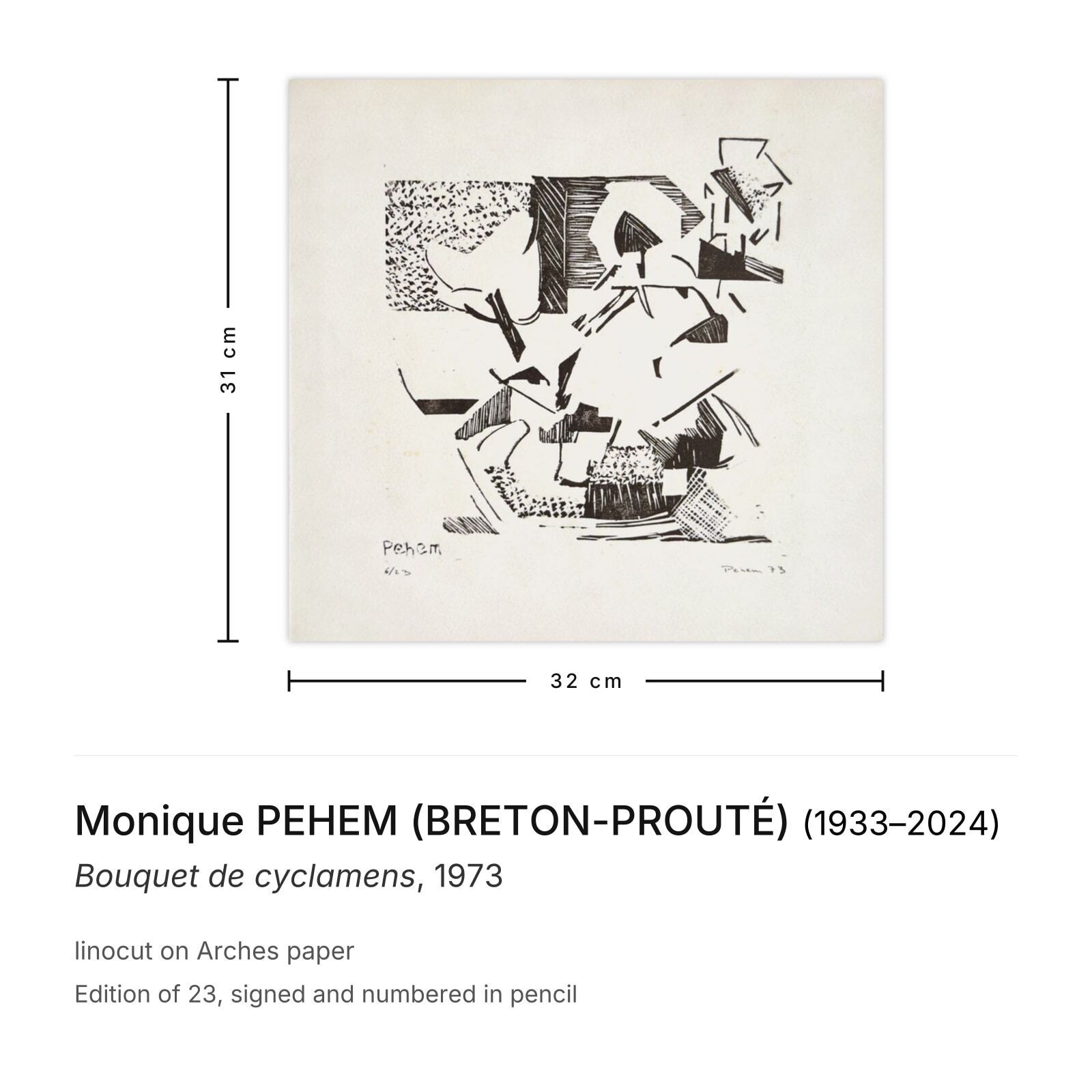 Monique Pehem (Breton Prouté) Gesigneerde Linosnede Bouquet De Cyclamens 1973 photo furniture
