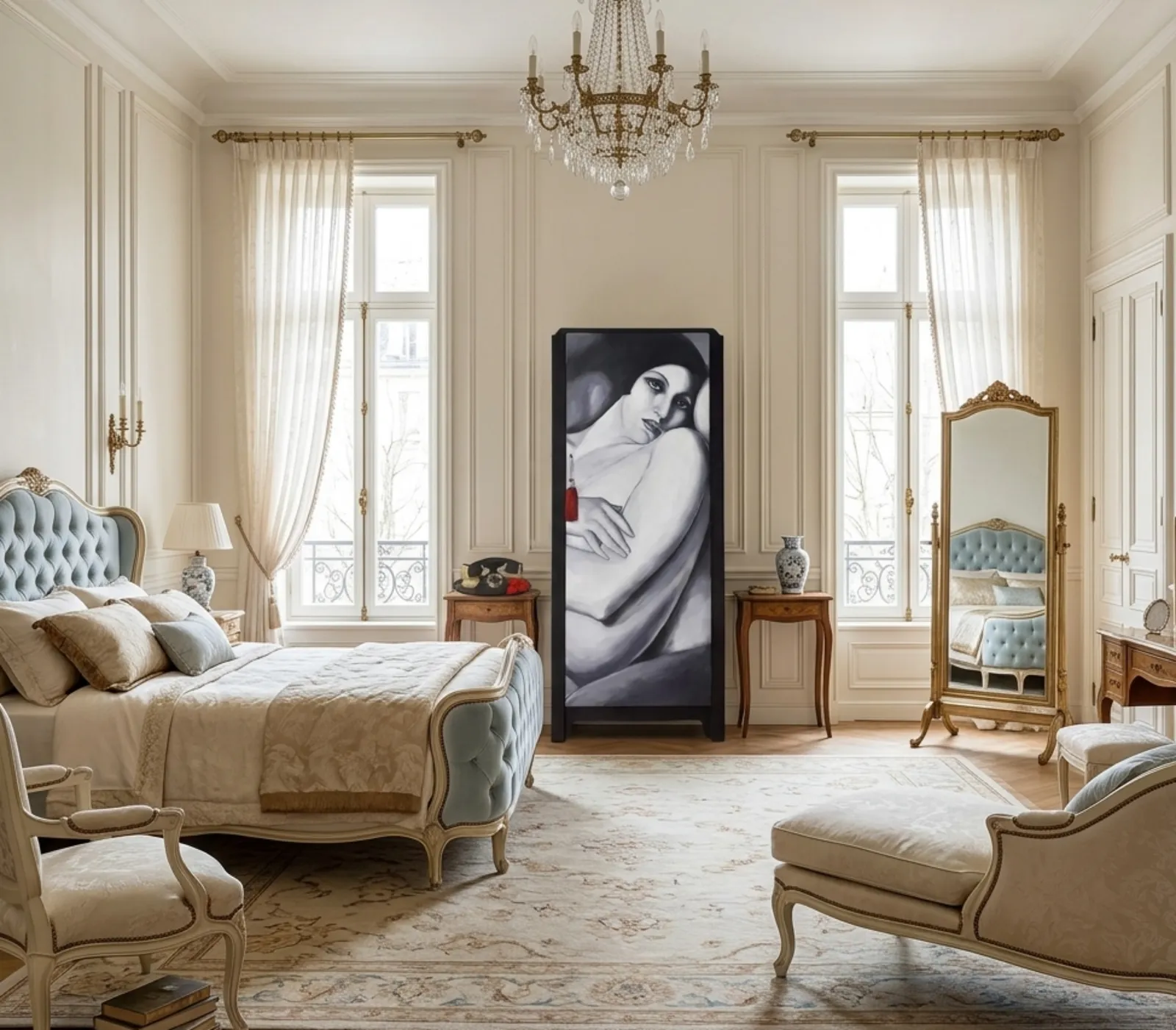 Vintage Lebus Wardrobe Hand Painted In Black And White Female Figure photo furniture