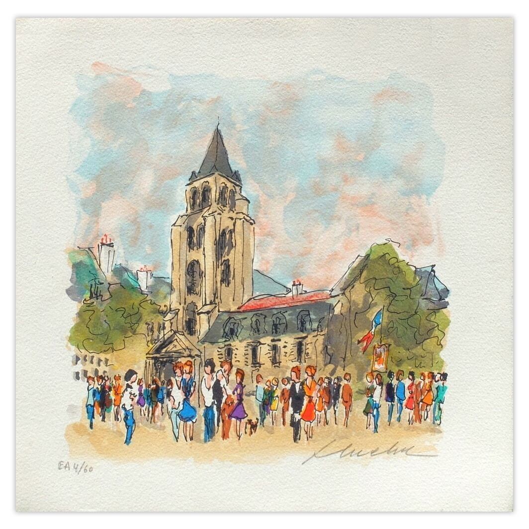 Urbain Huchet Gesigneerde Lithografie Parijs, L'église Saint Germain Des Prés 1985