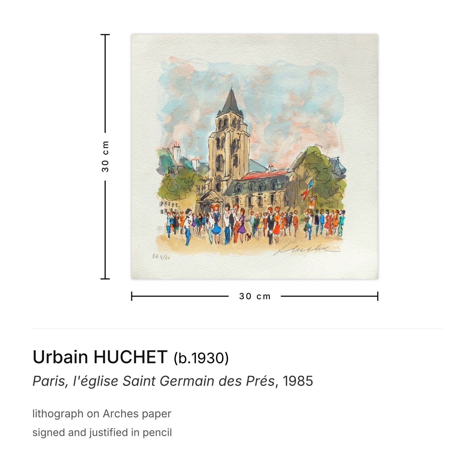 Urbain Huchet Gesigneerde Lithografie Parijs, L'église Saint Germain Des Prés 1985 photo furniture