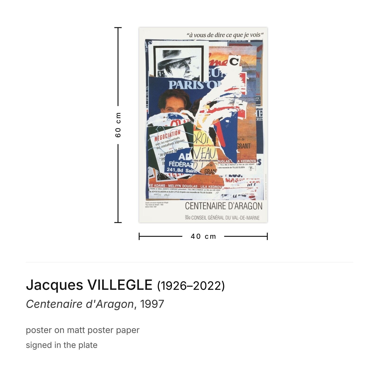 Jacques Villegle Poster Centenaire D'aragon 1997 photo furniture