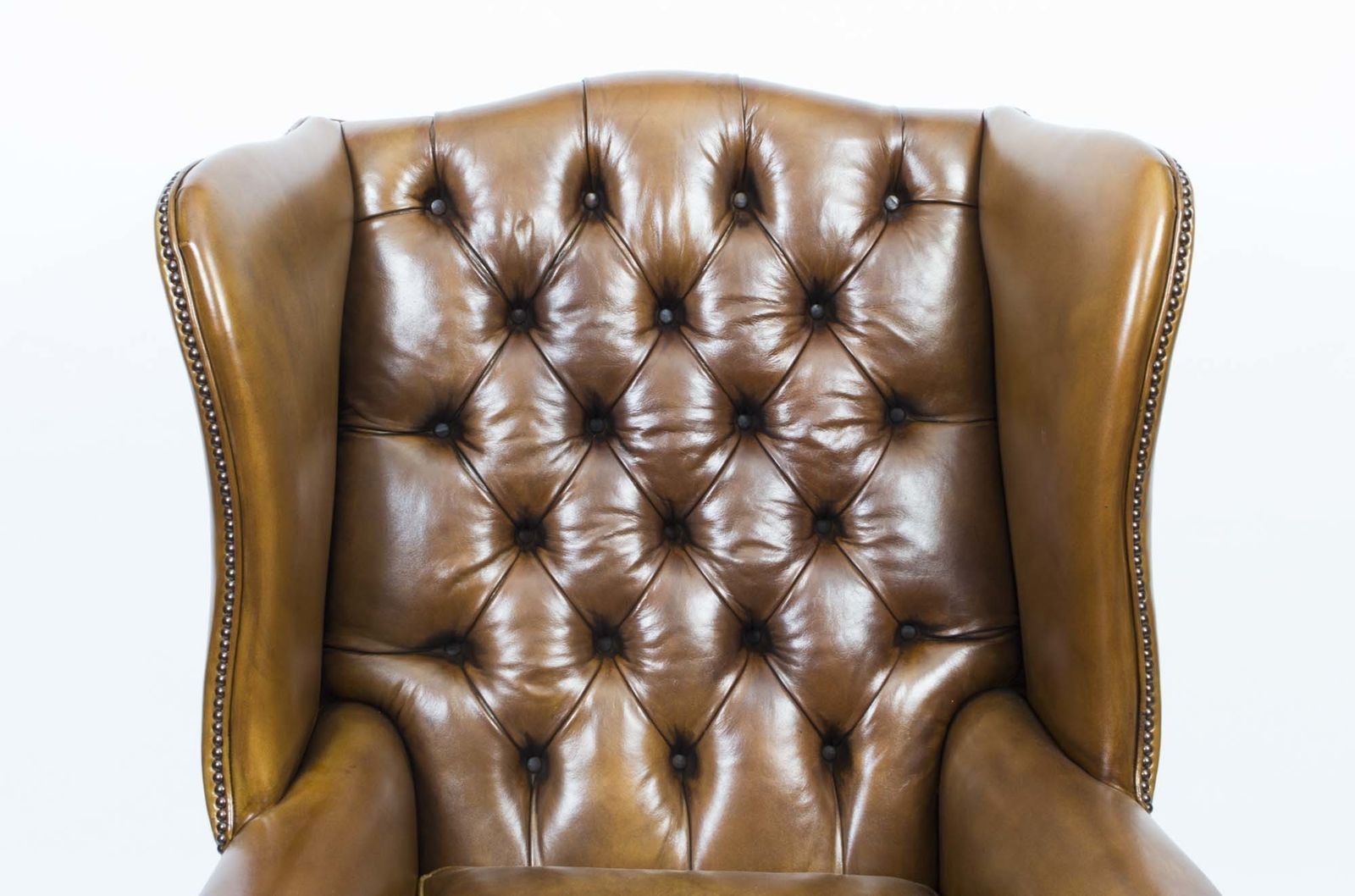 Bespoke Pair Leather Chippendale Wing Back Armchairs Yellow Tan photo buy