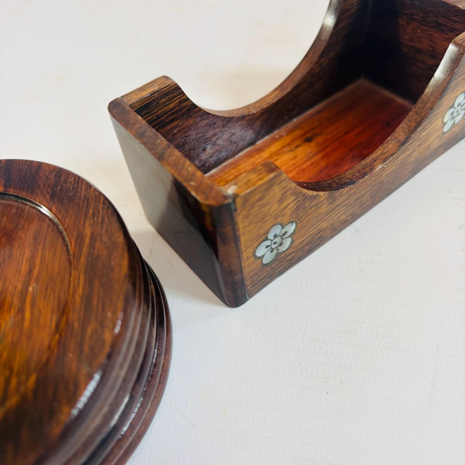 Mid Century East Asian Hardwood Coaster Set, Genuine Abalone Shell Inlay Geisha photo vintage