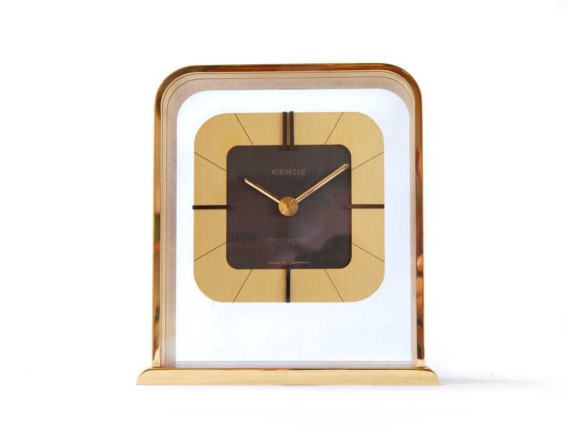 Stunning Gold Plated Kienzle Desk Clock Mid Century Lucent Transparent Design Table Germany