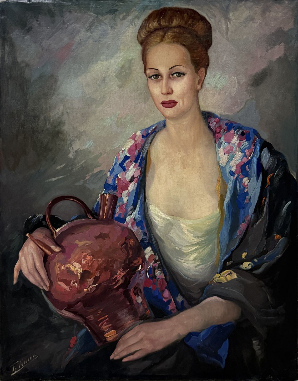 Federico Molina Albero Elegant Female Portrait With Red Ceramic Jar And Blue Mediterranean Shawl Oil 1940s