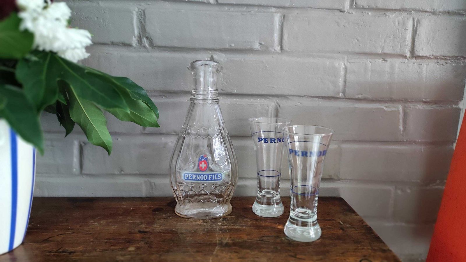Vintage Pernod Fils Pitcher Drink And 2 Glasses: 1940s French Barware photo for sale