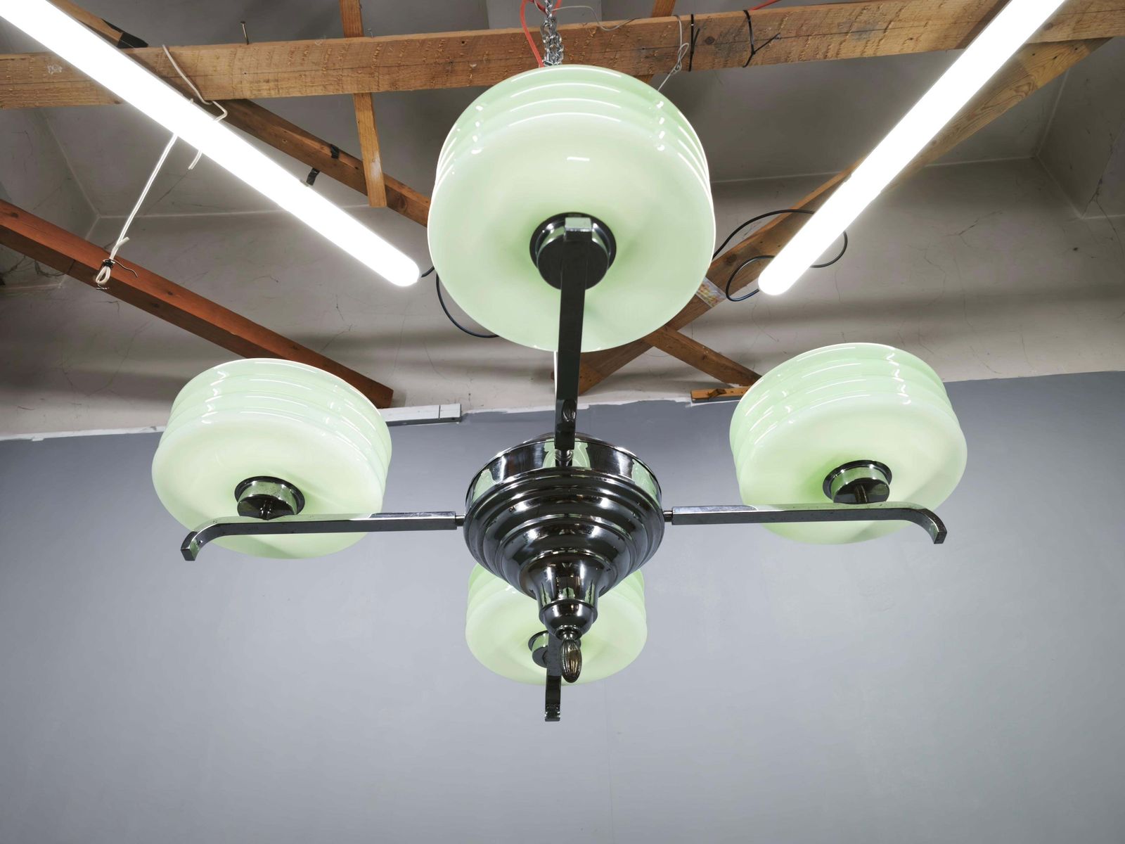 photo furniture Art Deco Green Opaline Glass Chandelier, Czechoslovakia 1930s