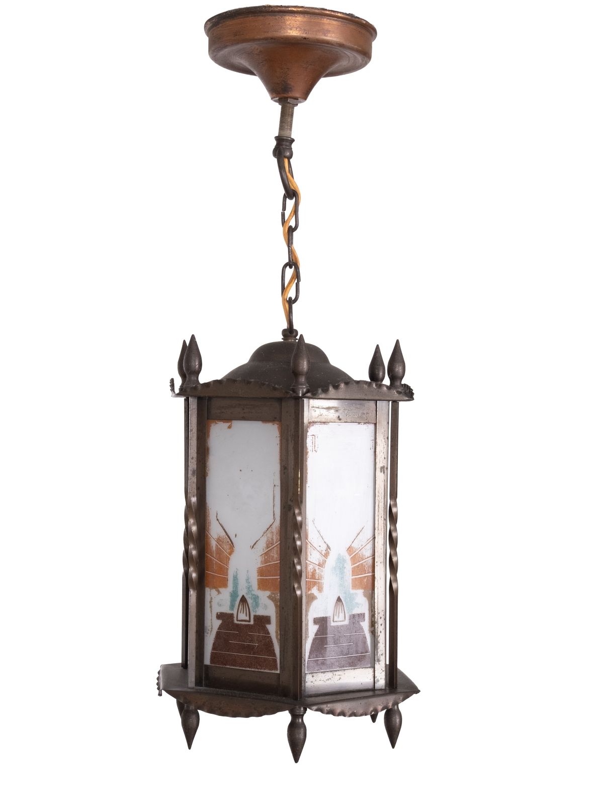 Amsterdam School Hexagonale Art Deco Lamp Met Beschilderd Glas, Nederland photo vinterior
