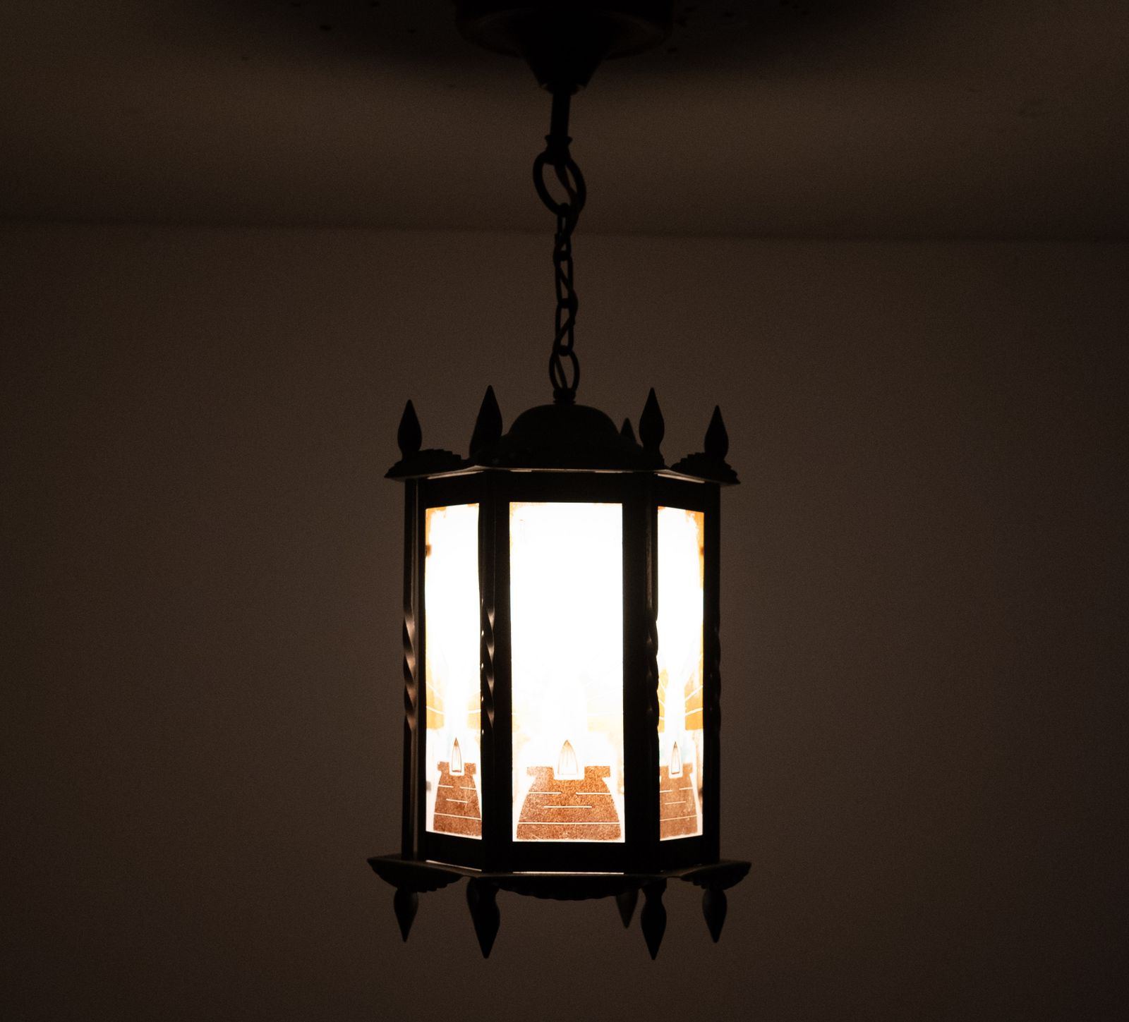 Amsterdam School Hexagonale Art Deco Lamp Met Beschilderd Glas, Nederland photo buy