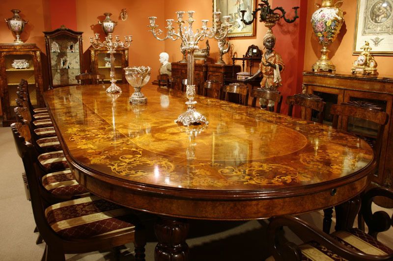 Huge Bespoke Marquetry Dining Table 16 Chairs Extending Walnut photo Furniture