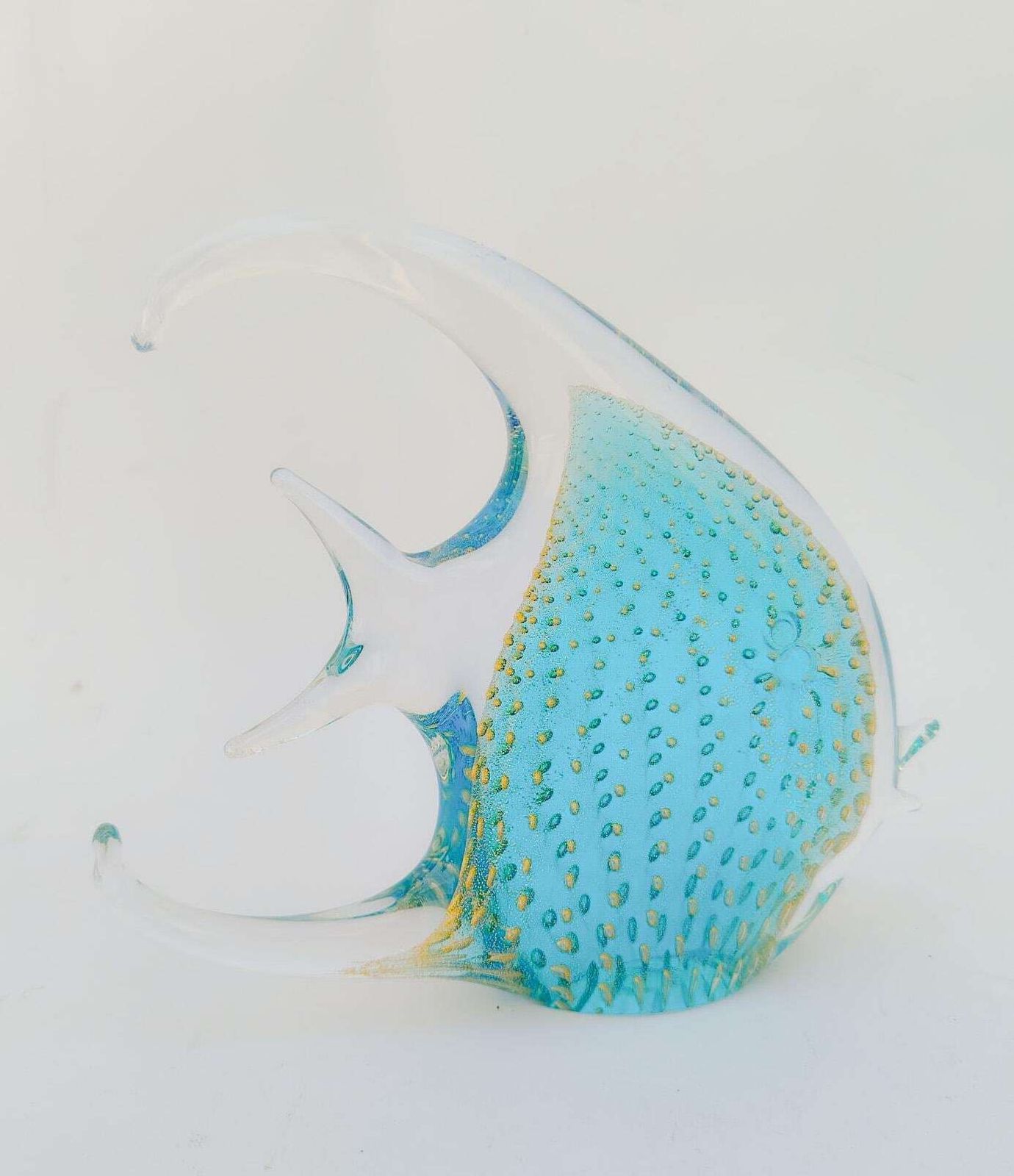 Sculpture de poisson en verre de Murano, feuille d'or turquoise vintage, par V. Nason photo for sale