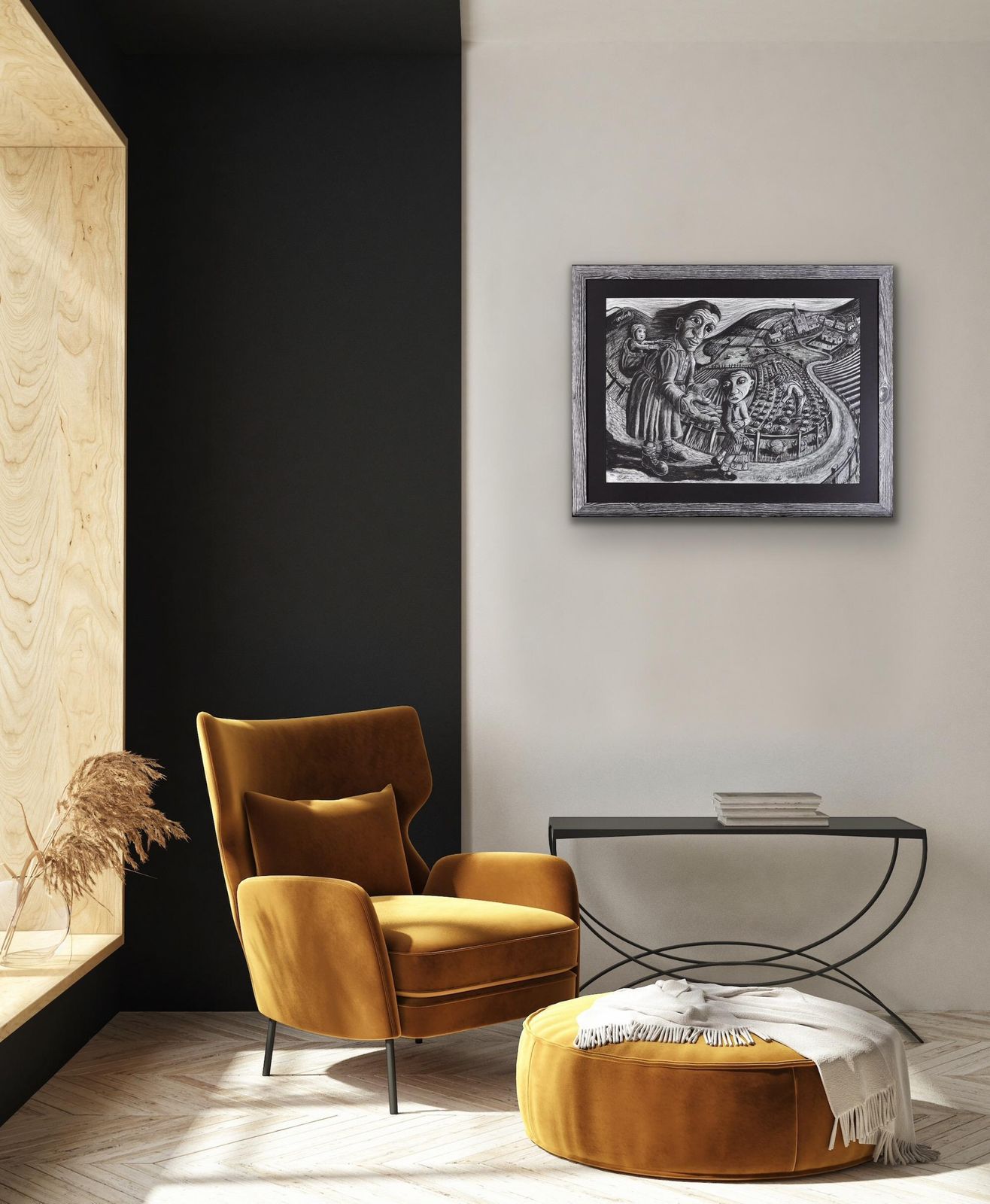 photo furniture Premier jour d'école. Pastel expressionniste encadré, souvenir d'enfance, par l'artiste gallois Julian Ruddock, né en 1965. Le chemin de l'école dans le pays de Galles rural.