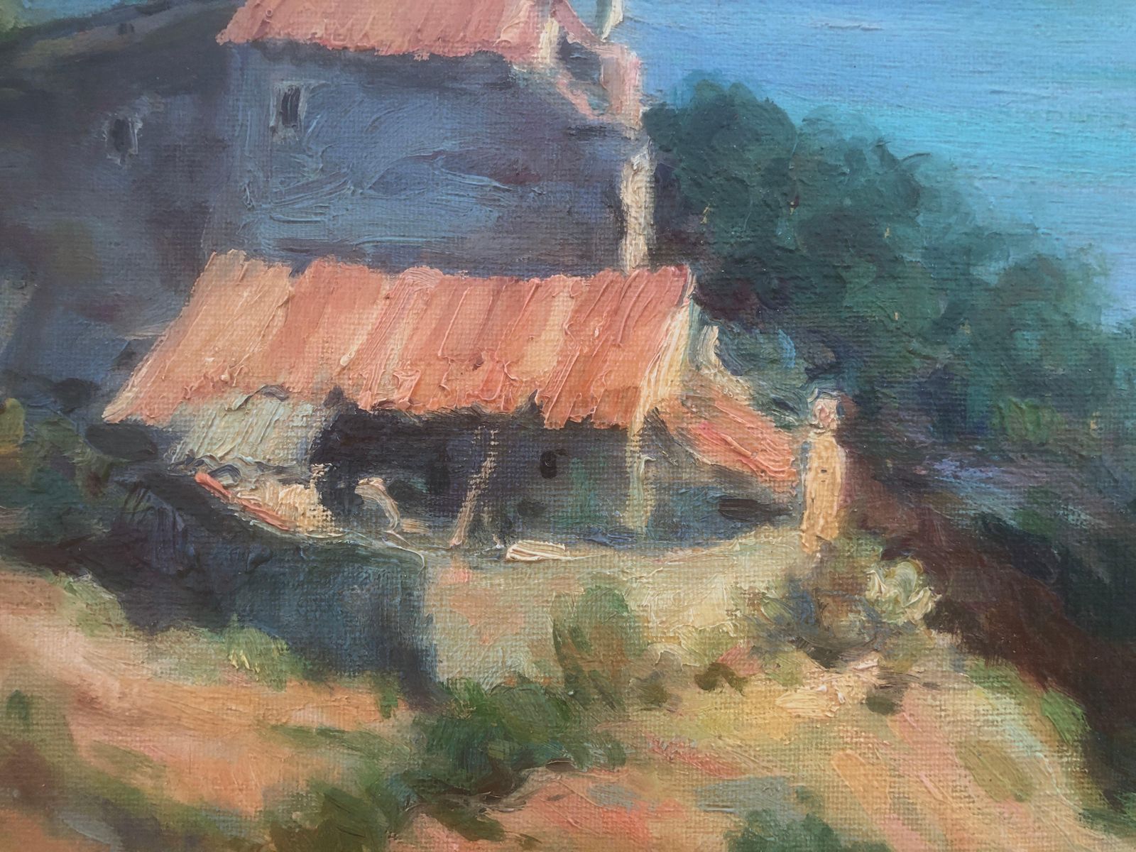 Joaquin Asensio Marine – Catalaans Mediterraan kustlandschap met boerderij – Spaans impressionistisch olieverfschilderij, ca. 1950 photo vinterior