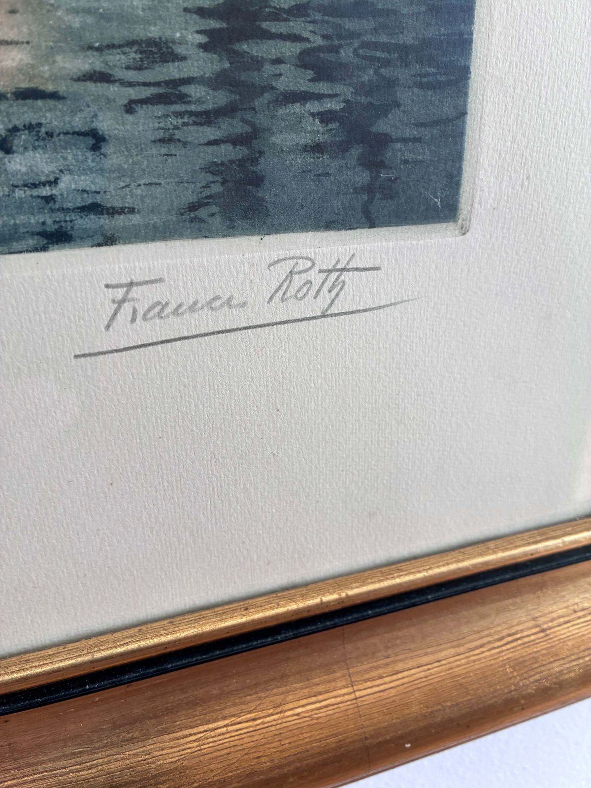 Vintage landschapsprent, riviercottage, gesigneerd, jaren 1970 photo furniture