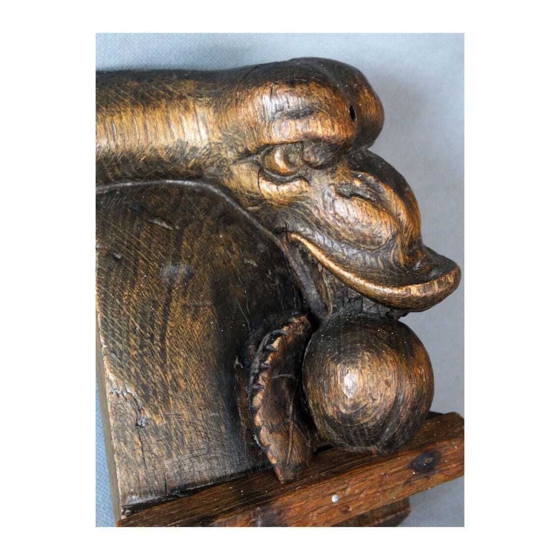 Groot antiek houten ornament in de vorm van een slangenkop met tanden die een appel of granaatappel eet, driedimensionaal, handgesneden, gotische architectuur