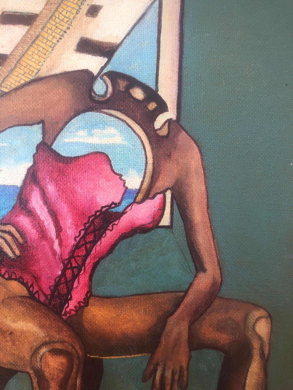 Figure surréaliste à tête architecturale en intérieur, peinture à l'huile onirique, 1994 photo for sale