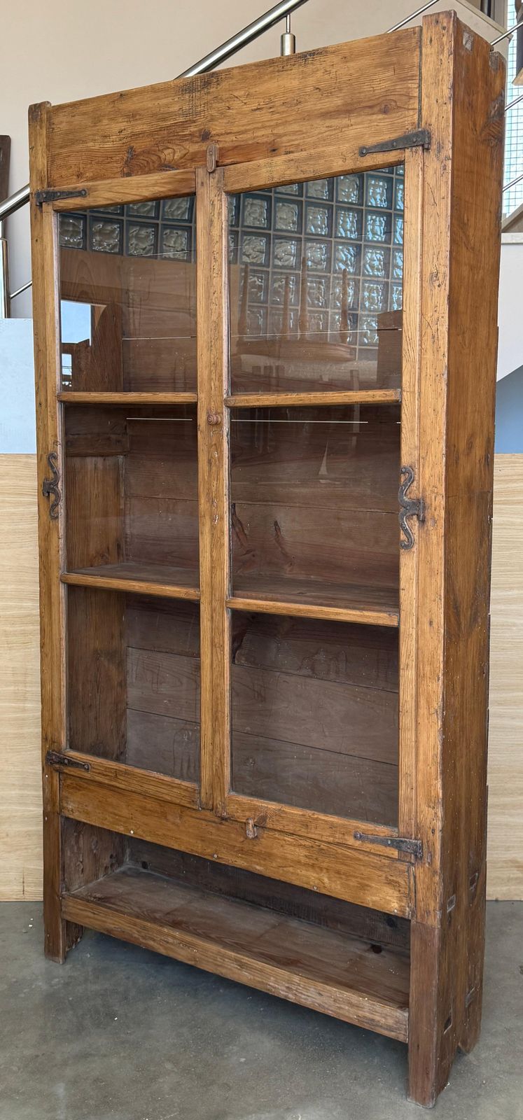 Furniture Antique Rustic Display Cabinet Made Of Reclaimed Wood With Sliding Glass Doors photo