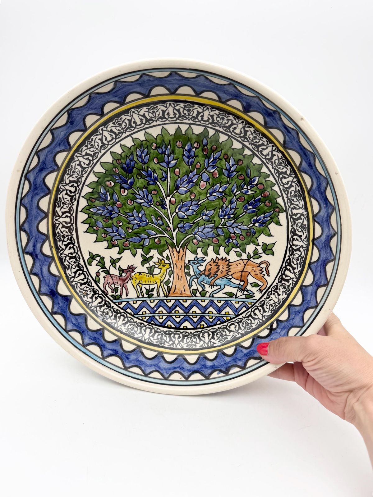 Vintage Large Hand Painted Ceramic Bowl, Tree Of Life Wall Mounted Bowl, Hand Painted Animal Folk Art Bowl