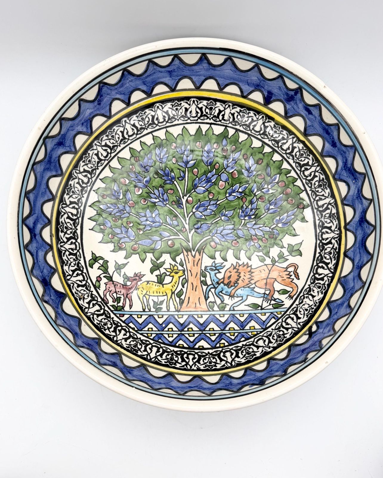 Vintage Large Hand Painted Ceramic Bowl, Tree Of Life Wall Mounted Bowl, Hand Painted Animal Folk Art Bowl photo for sale