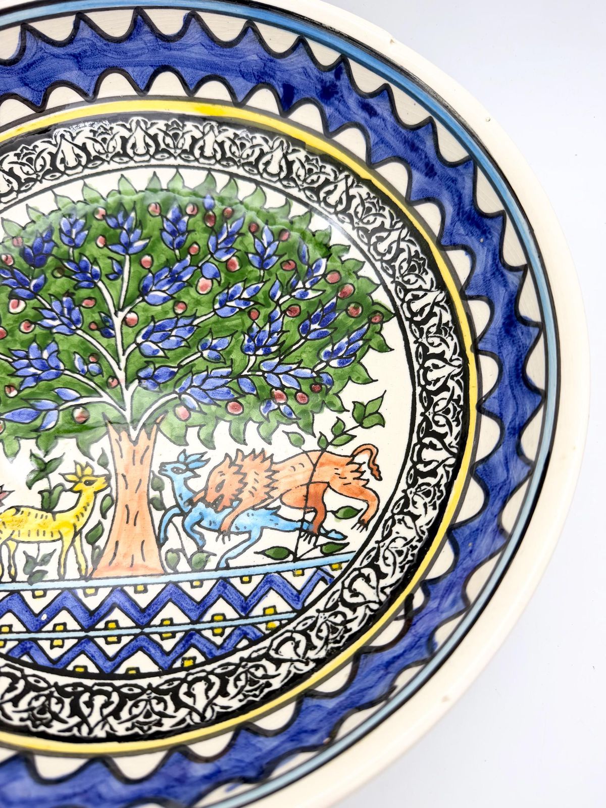 Vintage Large Hand Painted Ceramic Bowl, Tree Of Life Wall Mounted Bowl, Hand Painted Animal Folk Art Bowl photo Home Decor
