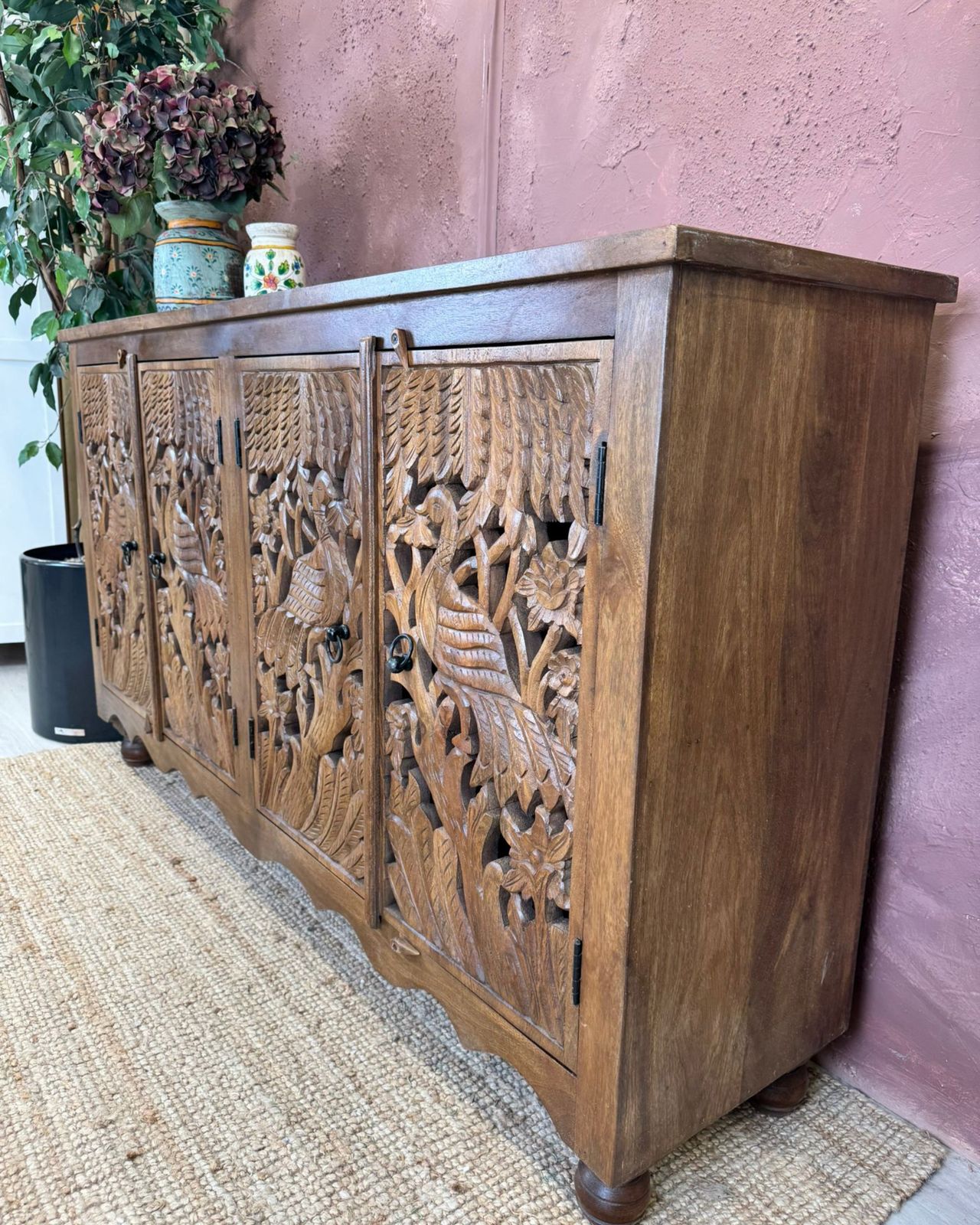 Hand Carved Mango Wood Peacock 4 Door Sideboard photo vinterior