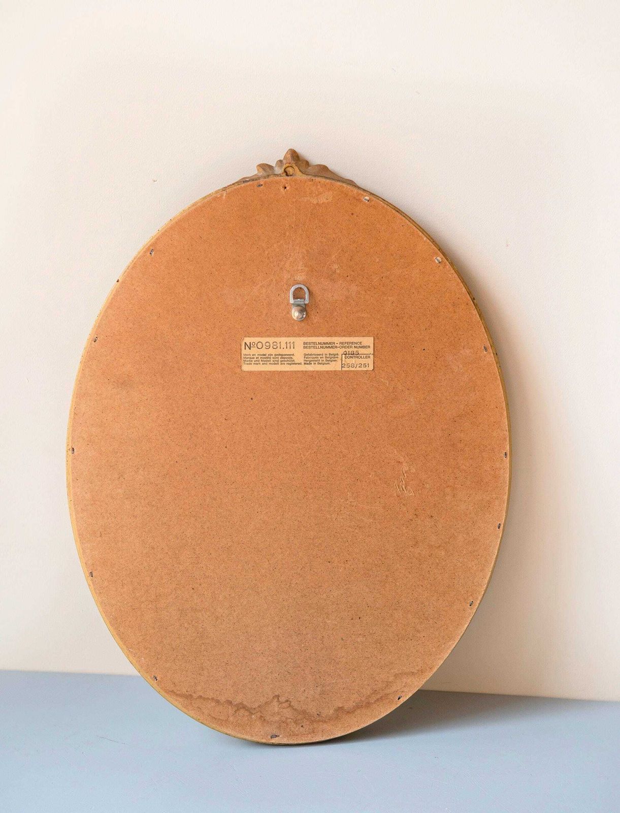 photo for sale Vintage Deknudt Oval Mirror   Gilt Wood Floral Crest Mirror   Belgian Gold Wall Mirror, 1970s