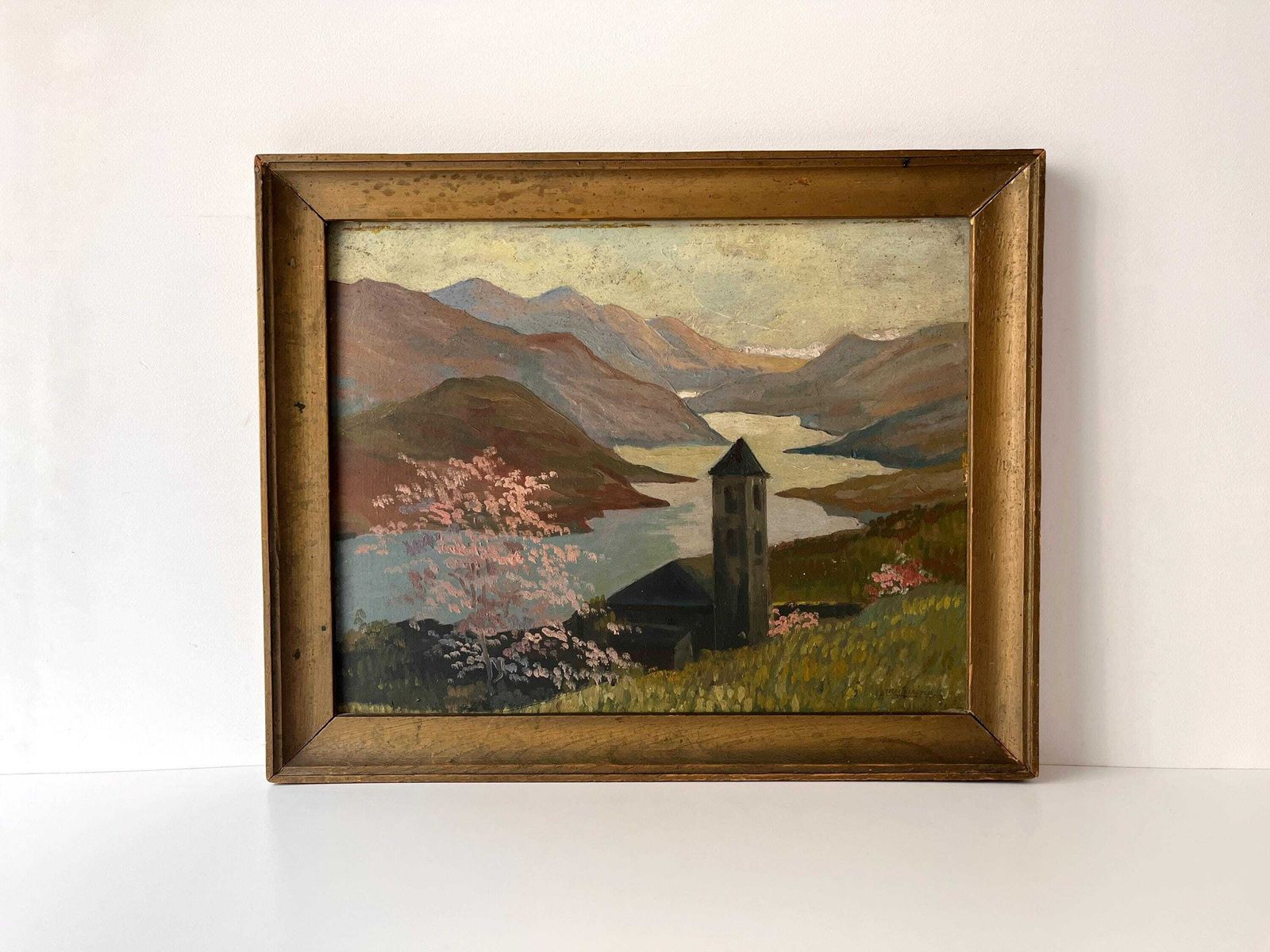 Original 1940s Italian Mountains Landscape Painting, Antique Lake Oil On Panel, Framed Picture