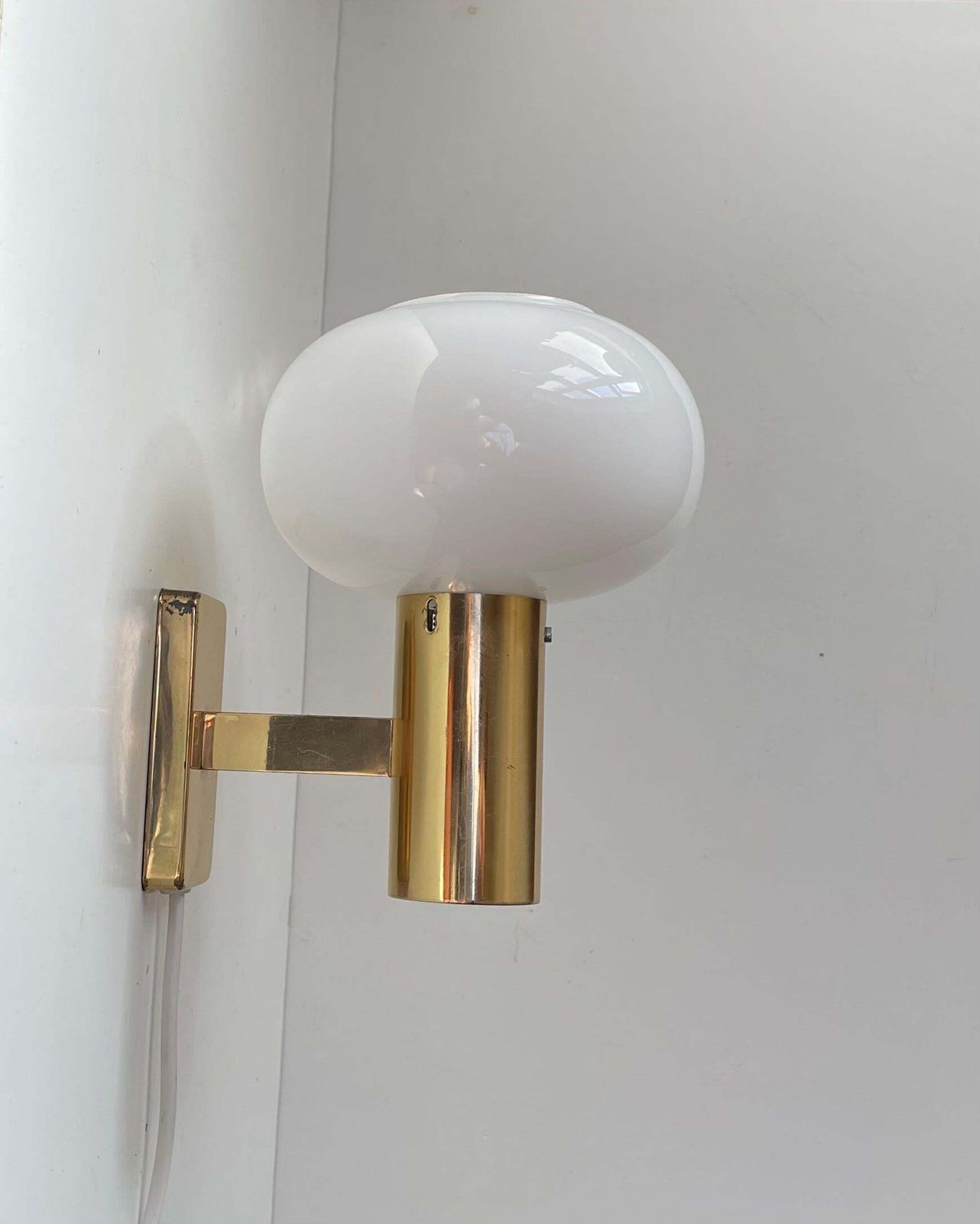Scandinavian Modern Brass Wall Lamp With Opaline Glass Mushroom Shade, 1960s photo vintage