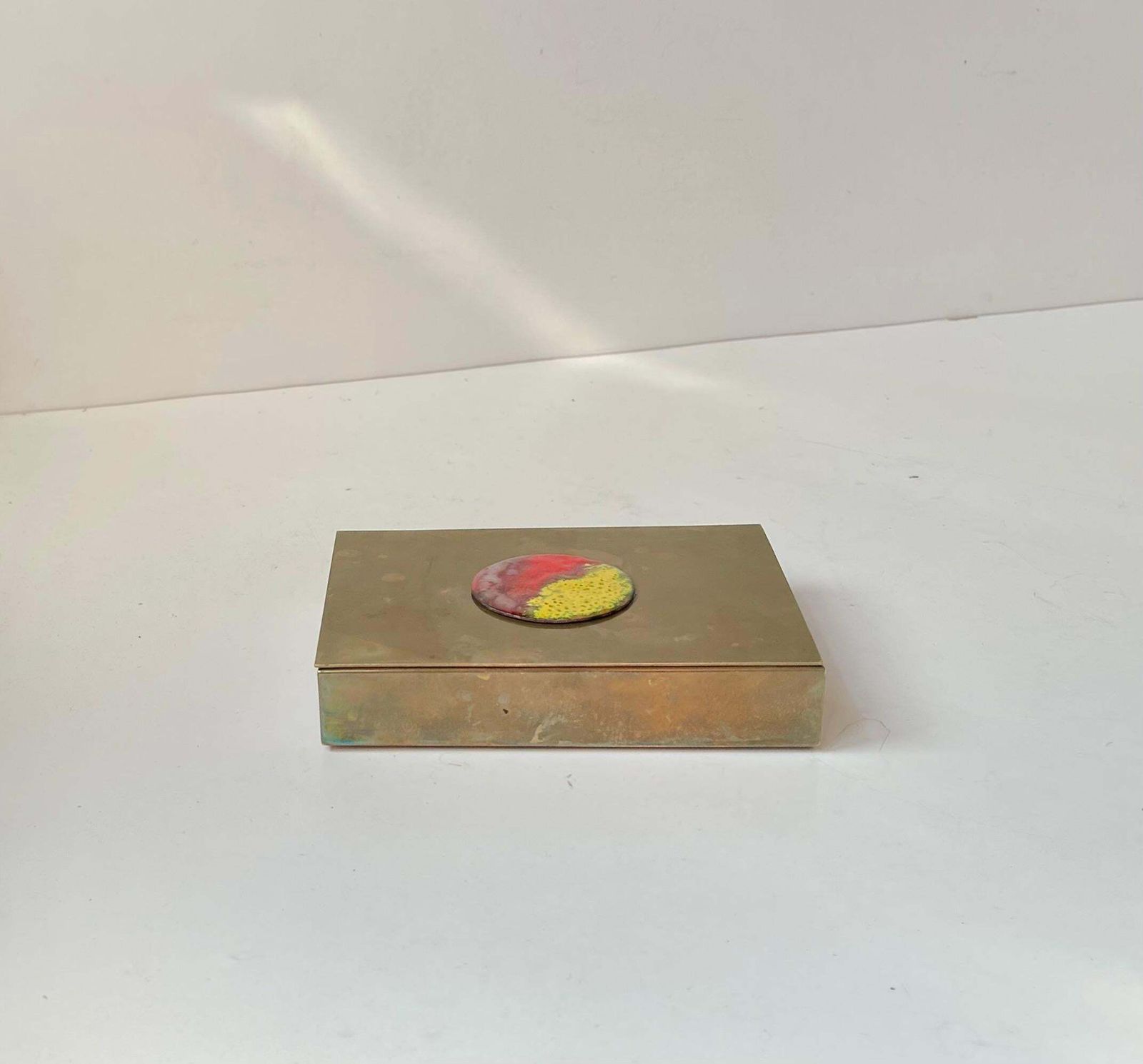 Patinated Scandinavian Art Deco Cigar Box In Brass & Enamel, 1930s photo buy