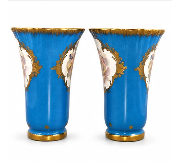 French Samson Bleu Céleste Porcelain Vase Pair With Putti Decoration, C.1860–1870 photo furniture