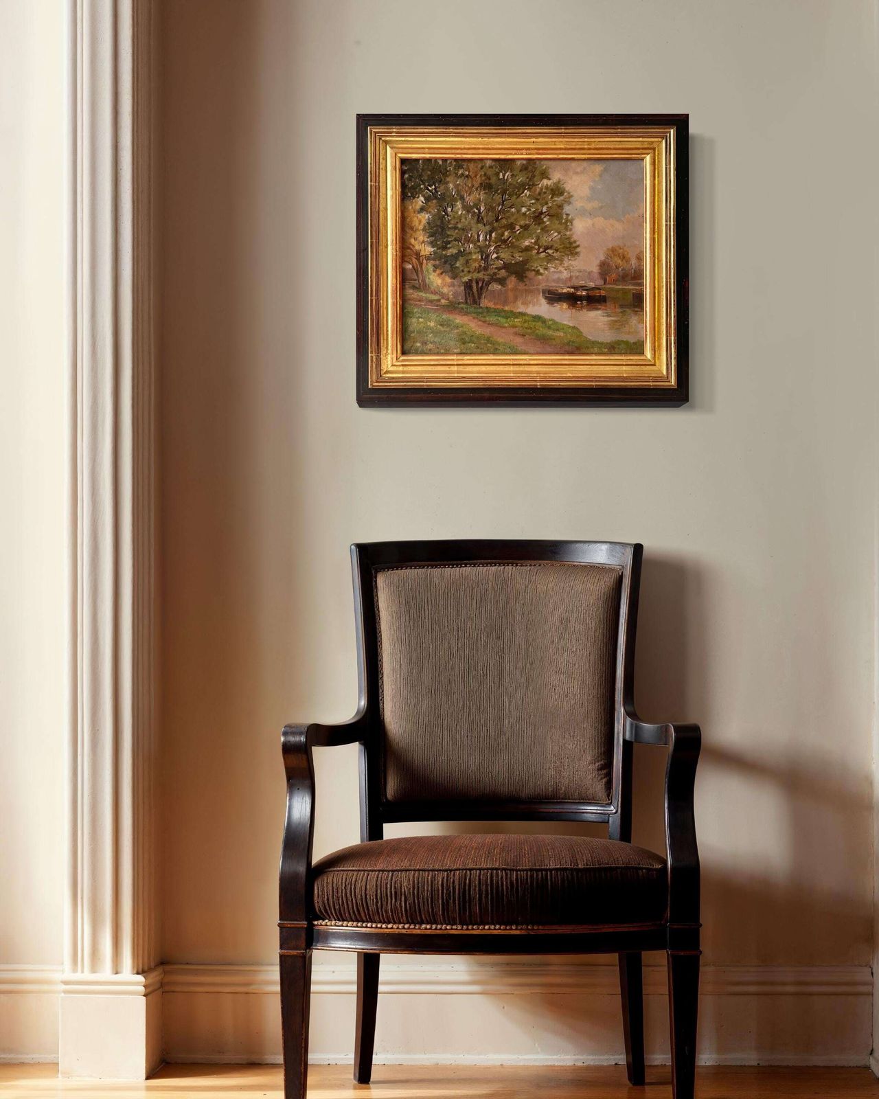 Peinture ancienne à l'huile sur toile « Les Barges sur les quais de la Seine », paysage de campagne française, XIXe siècle photo furniture